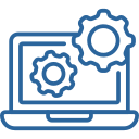 Outline of a laptop with gear icons on the screen indicating settings or system configuration.