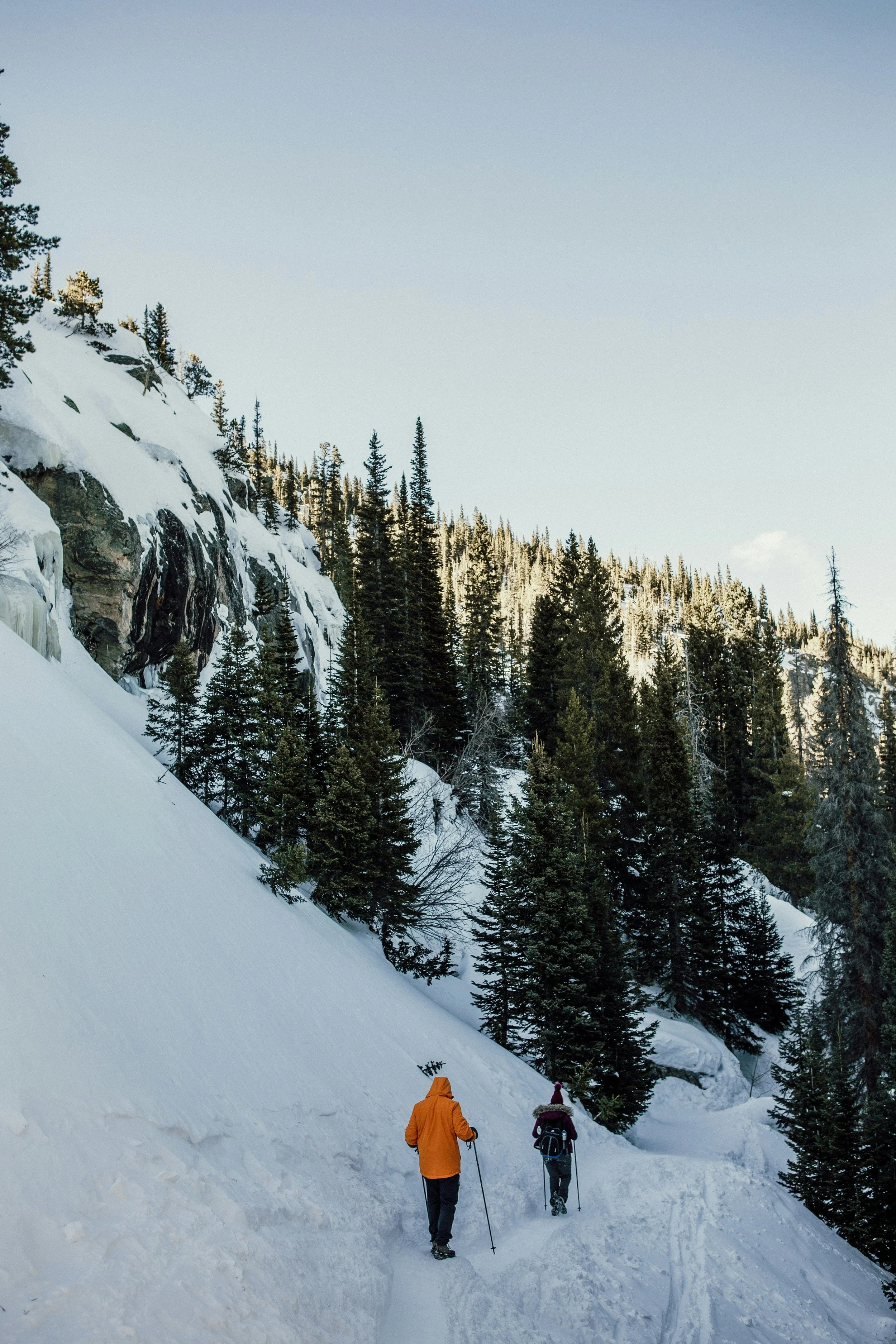 Two people hiking up a snowy mountain trail surrounded by dense evergreen trees during winter, with snow-covered slopes and rocks in the background.