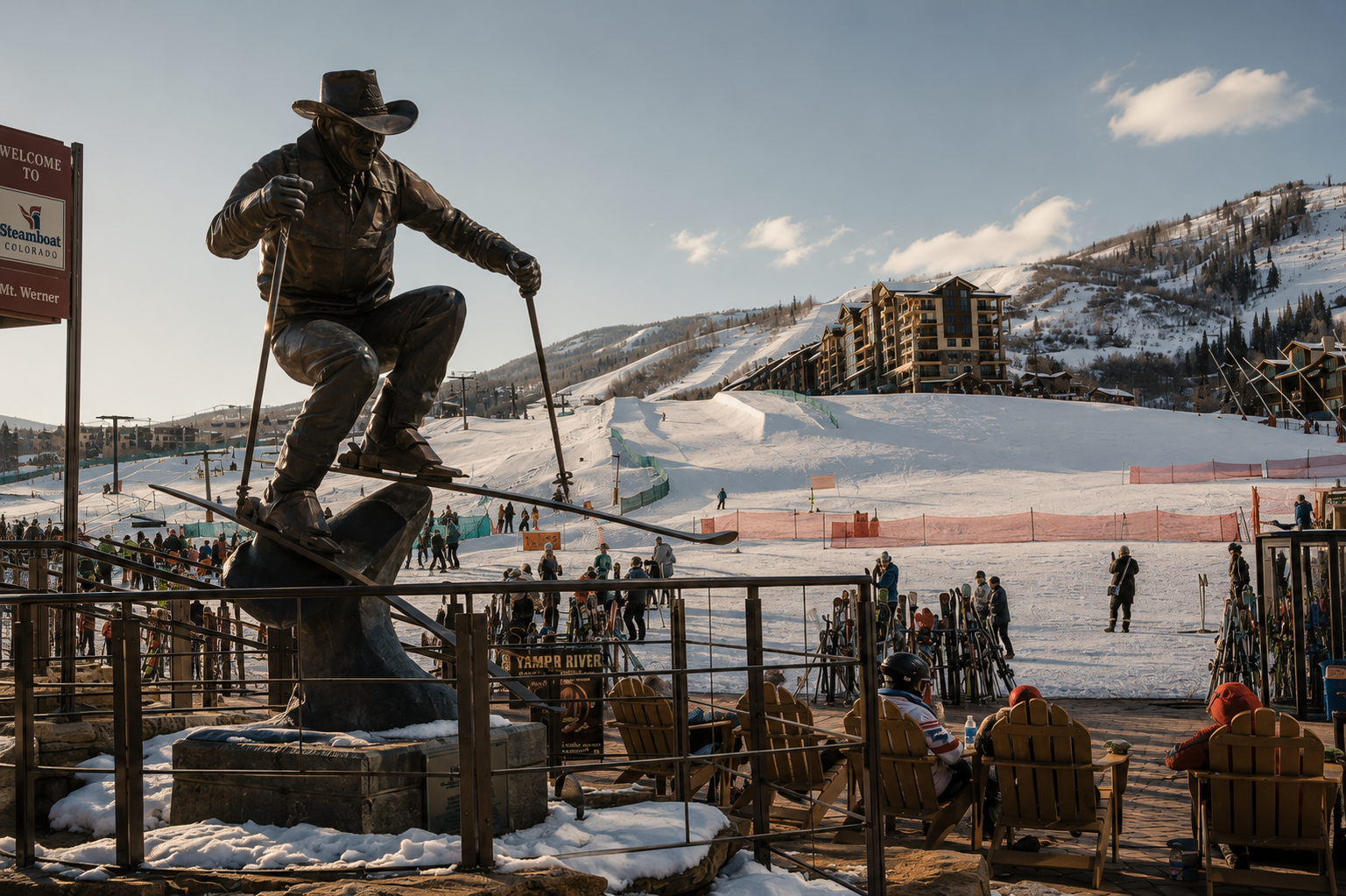 Bronze statue of a skier on a mountain ski slope with skiers and snowboarders in the background, ski resort buildings on snowy hills, and a clear sky.