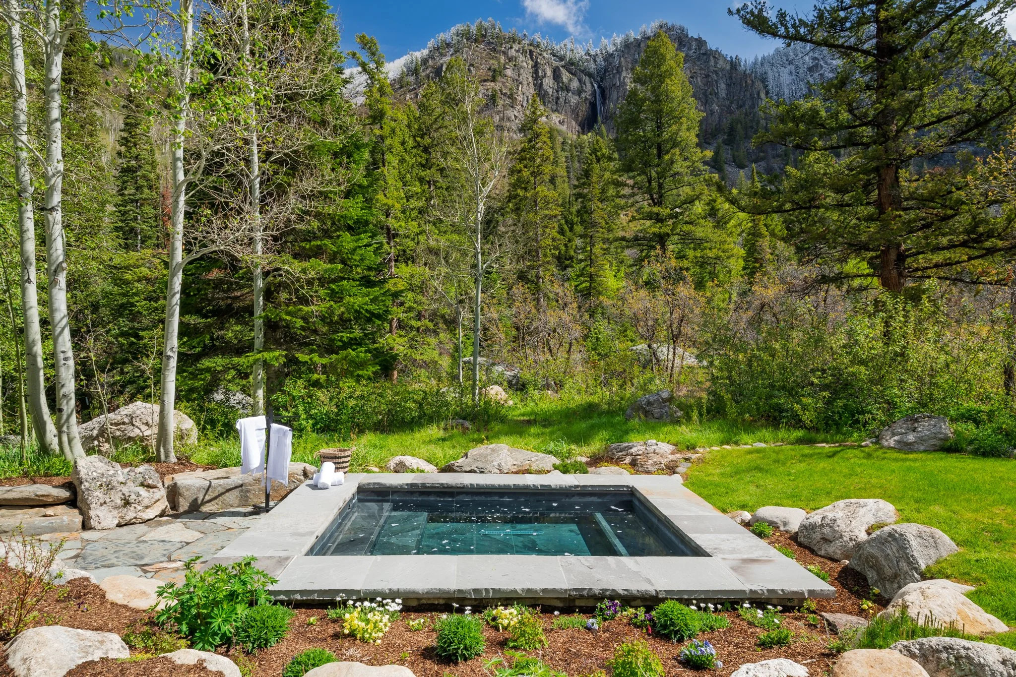 A backyard scene featuring a small pool or hot tub, surrounded by rocks and lush green plants, with tall pine trees and mountains in the background under a partly cloudy sky.