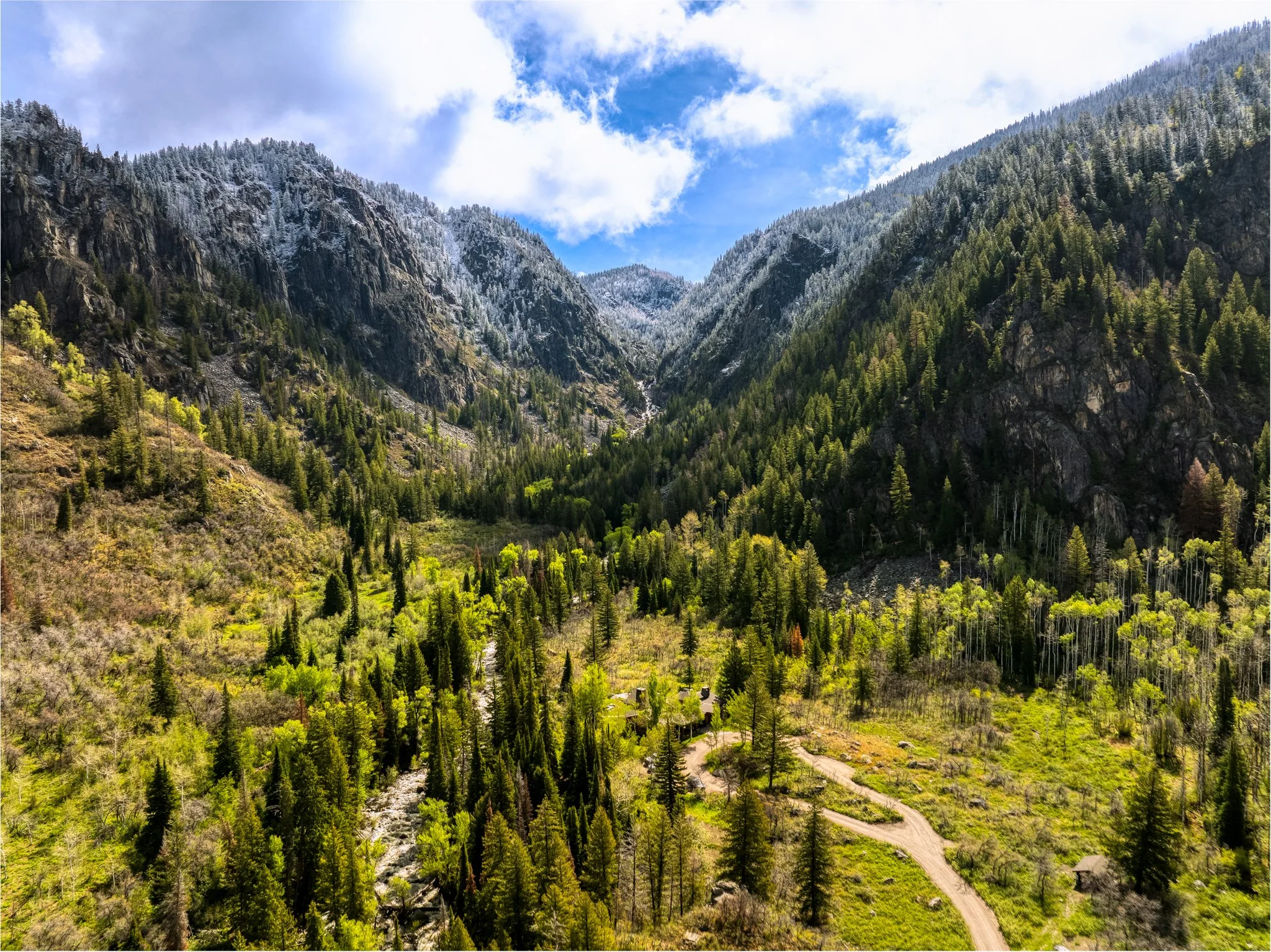 Mountain landscape with a valley, rocky slopes, dense evergreen forest, a winding dirt road, and a partly cloudy sky.
