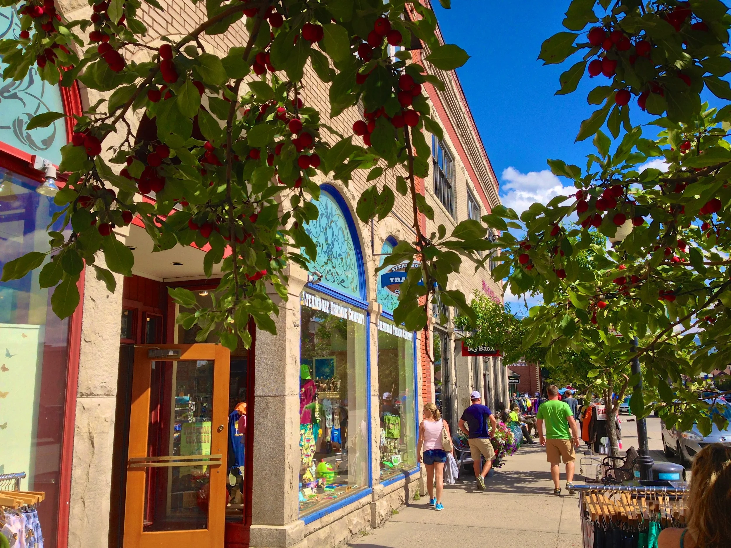A busy outdoor shopping street with storefronts, trees, and pedestrians on a sunny day. The storefronts have large display windows and colorful signs, and there are people walking and shopping along the sidewalk.