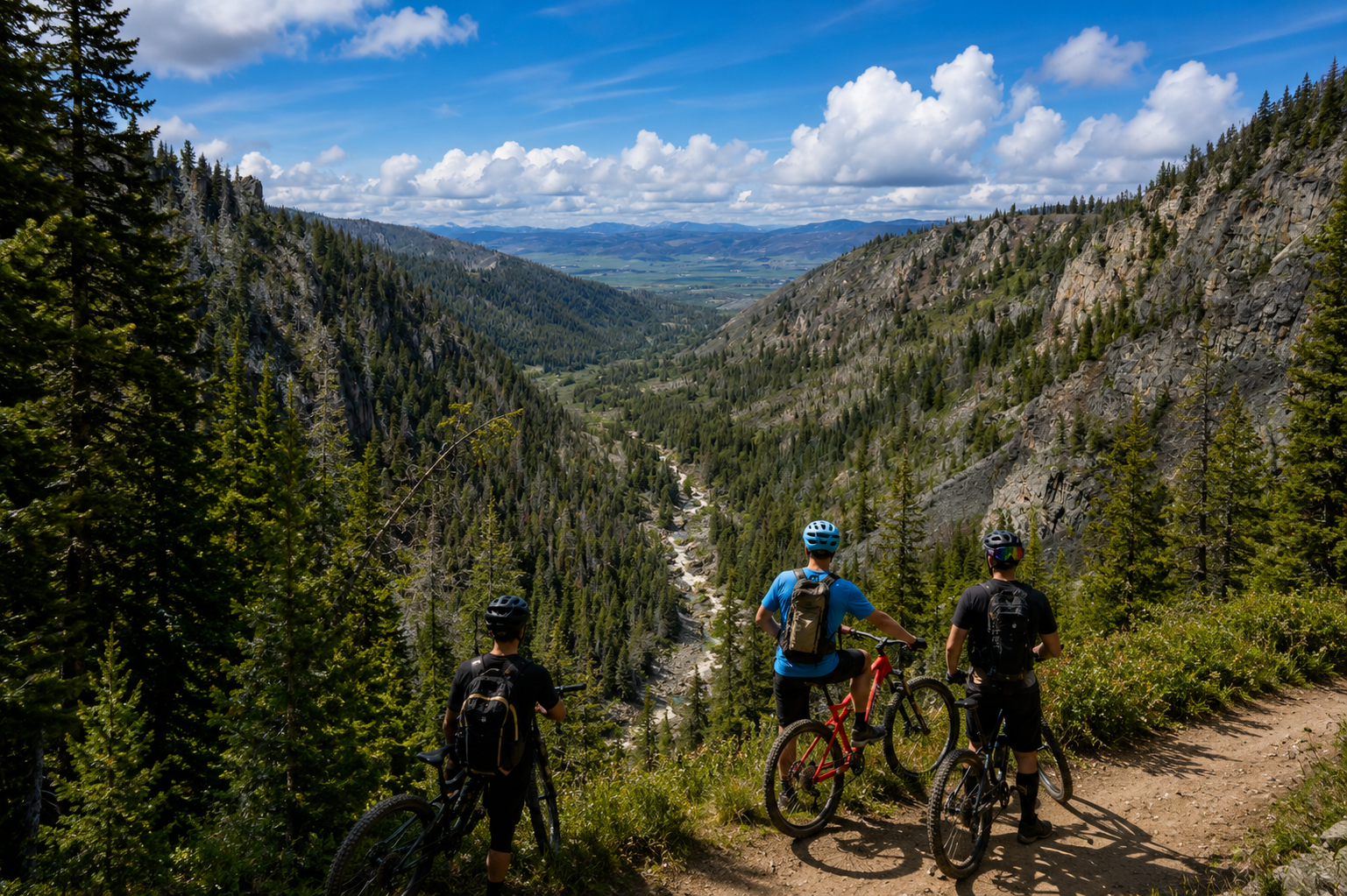 Three mountain bikers with helmets and backpacks standing on a trail overlooking a lush green canyon with a river, surrounded by dense trees and rocky cliffs under a partly cloudy sky.