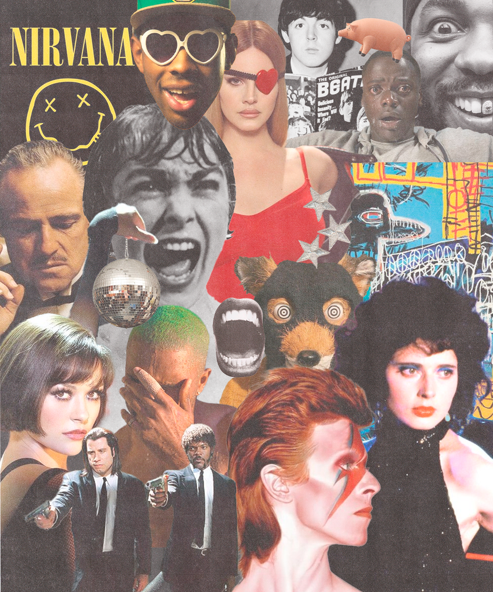 Collage de personajes famosos de diferentes películas y series, incluyendo a los Beatles, personajes de 'Pulp Fiction', Michael Jackson, y personajes de otros filmes icónicos, con elementos como una pelota de discoteca y arte urbano colorido.