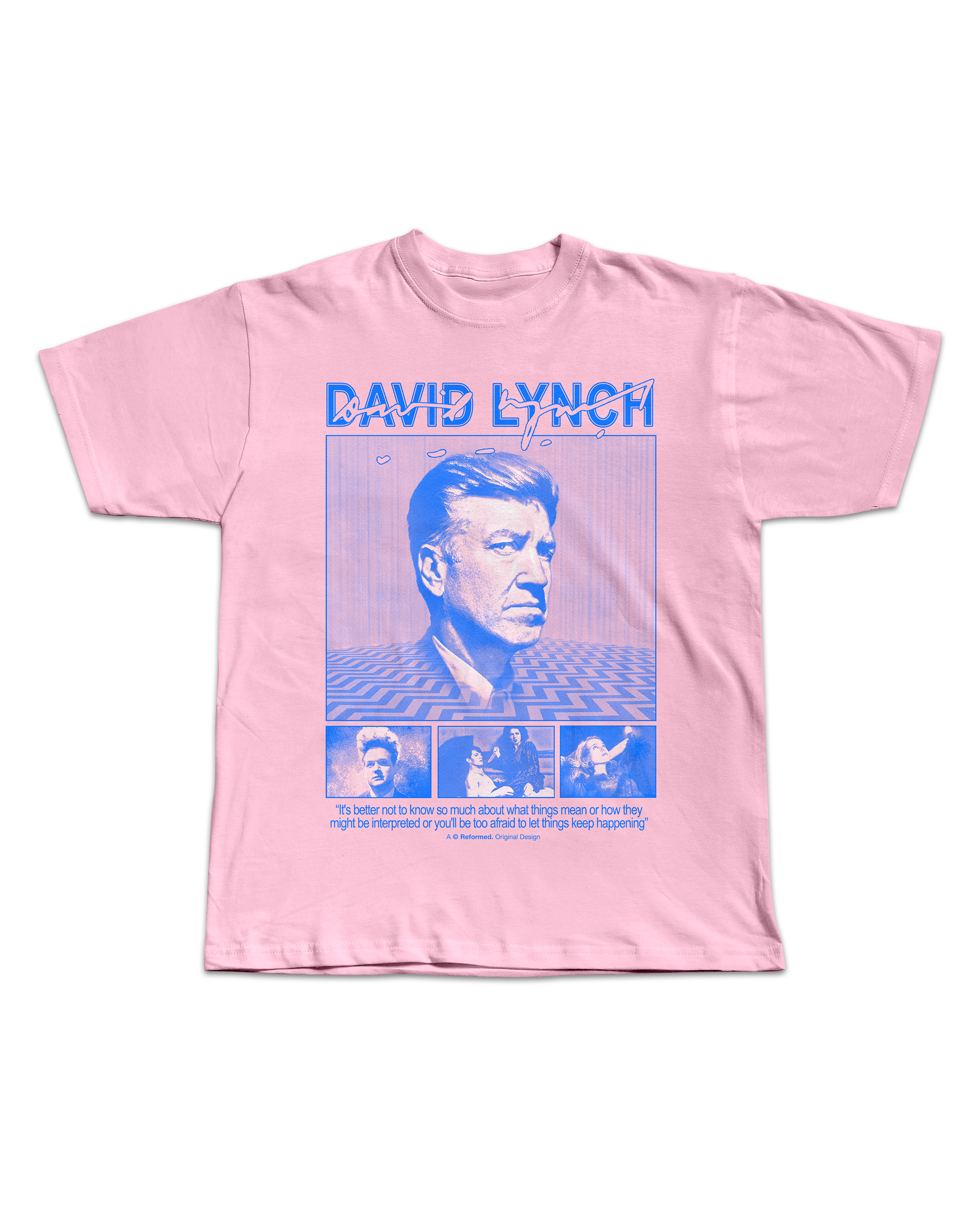 Camiseta rosa con una imagen en tonos azules de un hombre y la leyenda 'David Lynch' en la parte superior. Debajo, hay una cita en inglés y varias fotografías en miniatura.
