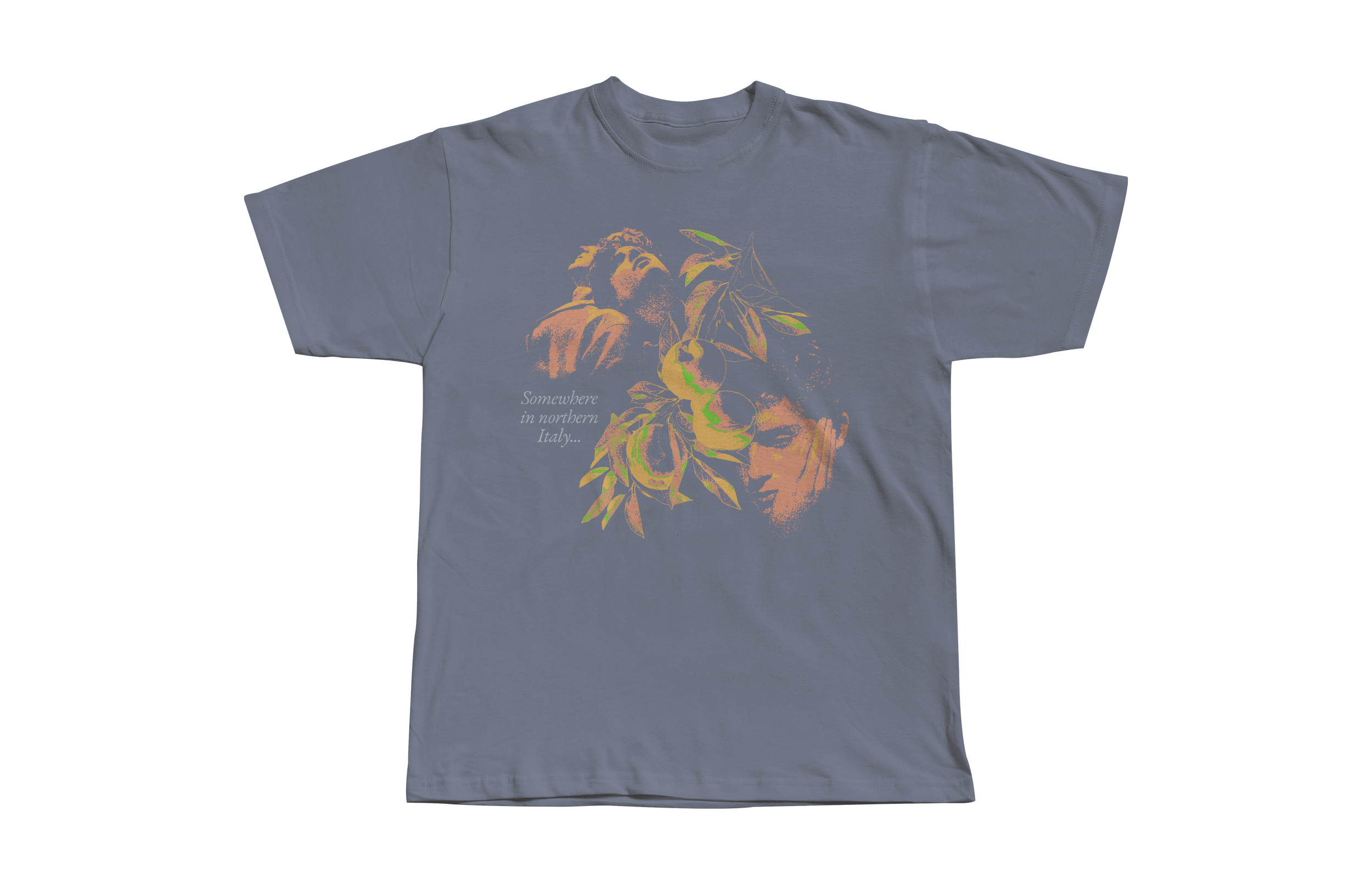 Camiseta gris con diseño artístico y texto en inglés 'Somewhere in northern Italy'.