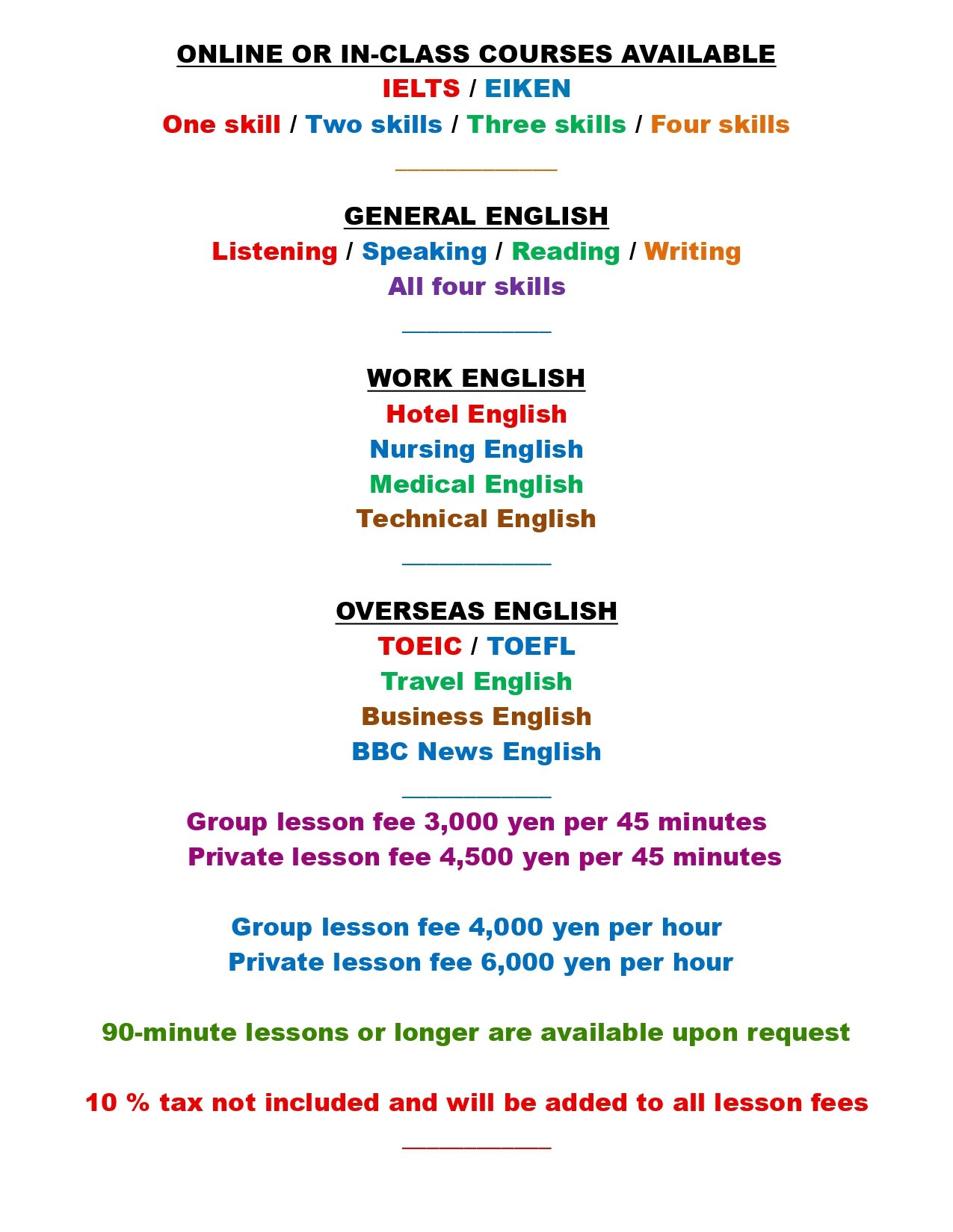 A colorful flyer listing English courses available online and in person, including general, work, and overseas English classes, along with their prices and session details.