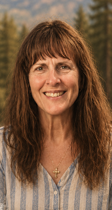 A woman with long, wavy brown hair smiling outdoors with trees and mountains in the background.
