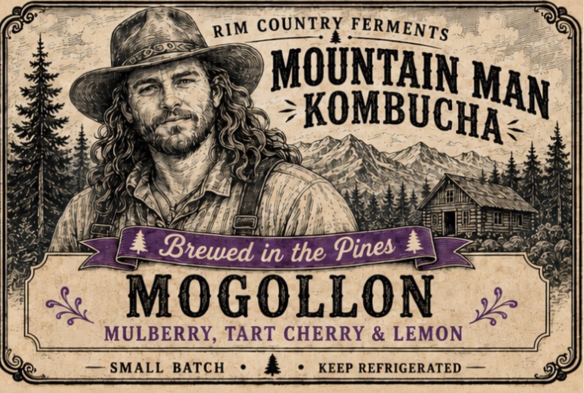 Mountain Man Kombucha Mogollon flavor. Arizona kombucha with mulberry, tart cherry and lemon.