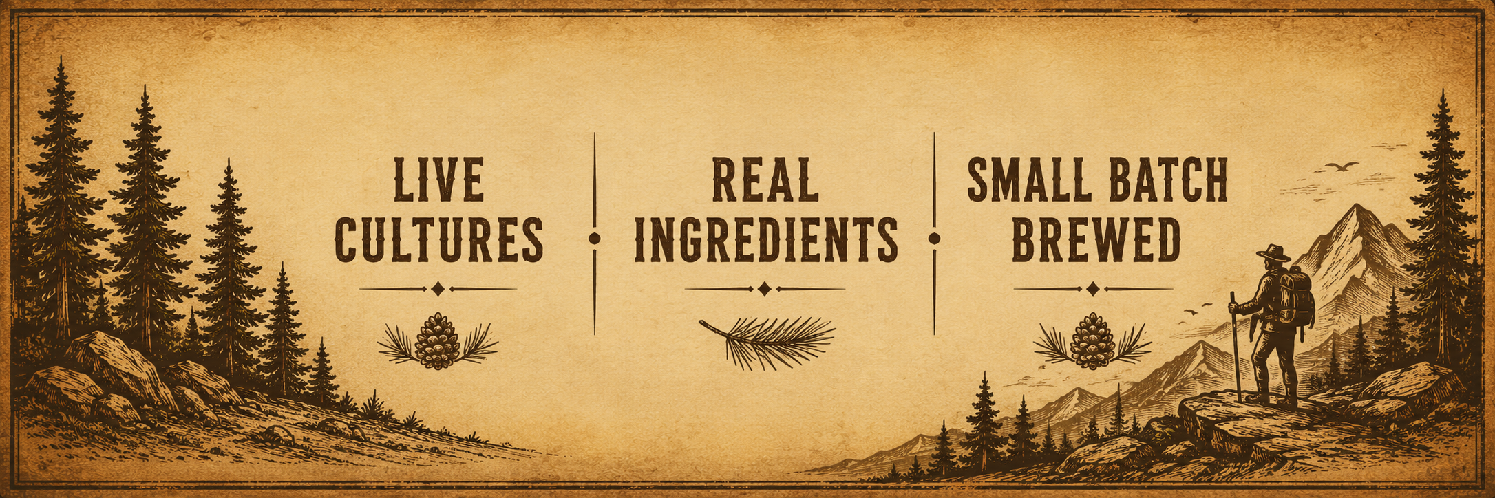 A rustic outdoor sign with a forest scene. The sign reads 'Live Cultures,' 'Real Ingredients,' and 'Small Batch Brewed,' with pine cones and pine branches as decorative elements.
