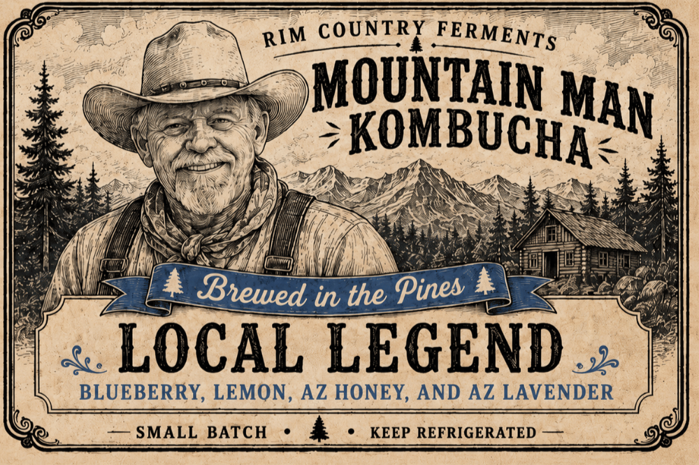 Mountain Man Kombucha Local Legend flavor. Arizona kombucha with blueberry, lemon, Arizona honey and Arizona lavender.