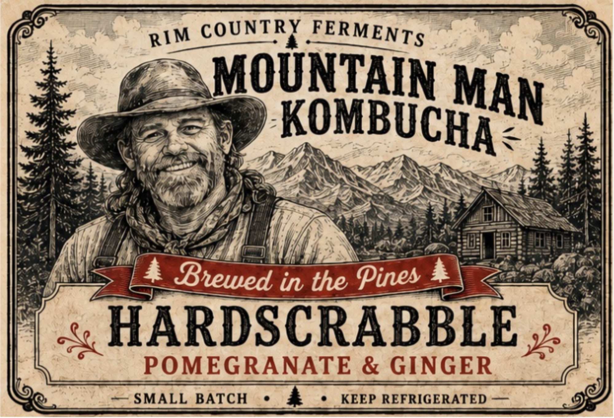 Mountain Man Kombucha Hardscrabble flavor. Arizona kombucha with pomegranate and ginger inspired by the Mogollon Rim.