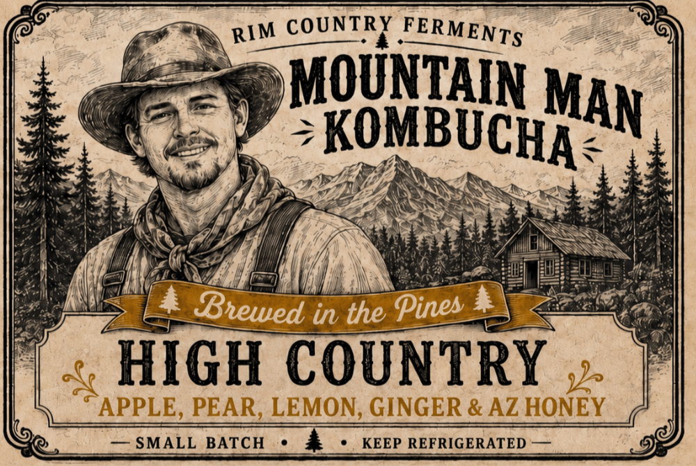 Mountain Man Kombucha High Country flavor. Arizona kombucha with apple, pear, lemon, ginger and Arizona honey.