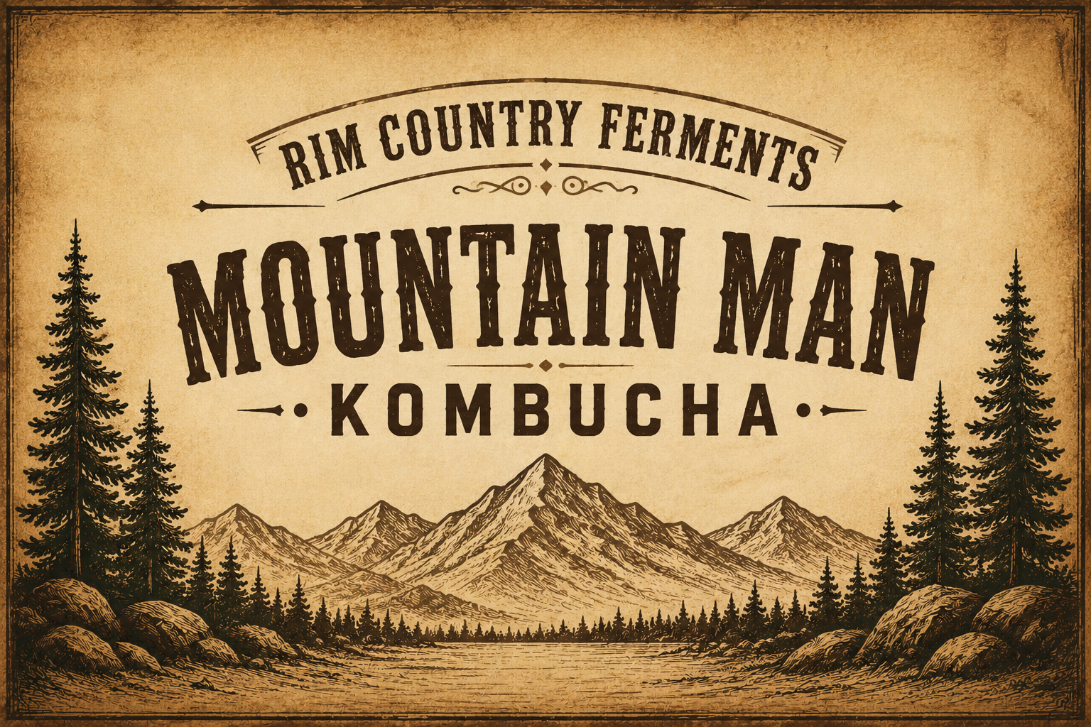 Vintage-style poster advertising Rim Country Ferments Mountain Man Kombucha with a mountain landscape, pine trees, rocks, and a sepia-toned background.