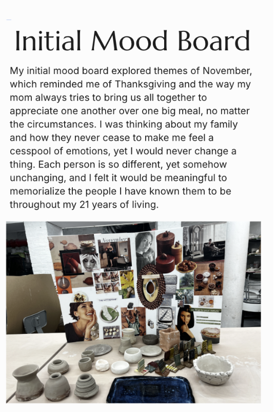 Photo of a mood board with various images, candles, and pottery on a table, with a collage background and a white column on the right.