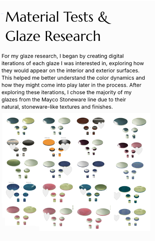 Document titled 'Material Tests & Glaze Research' with text explaining glaze research process and various color samples of glaze textures and finishes arranged in rows.