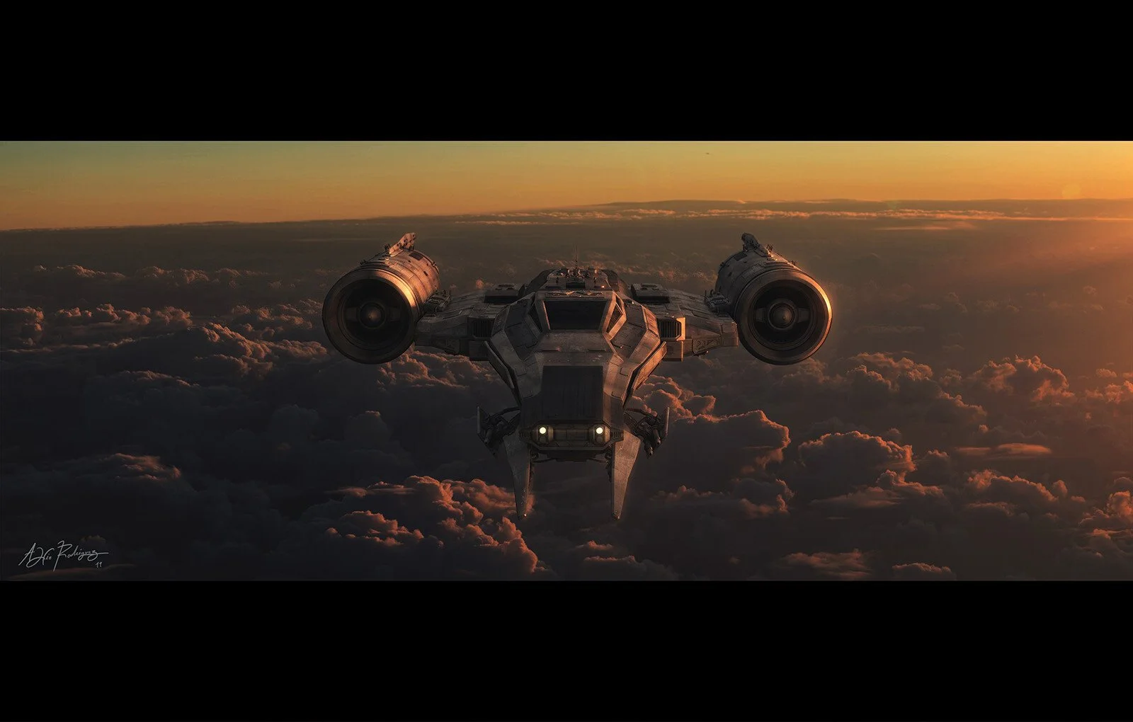 A futuristic spaceship flying above the clouds during sunset or sunrise with a metallic design and glowing lights.