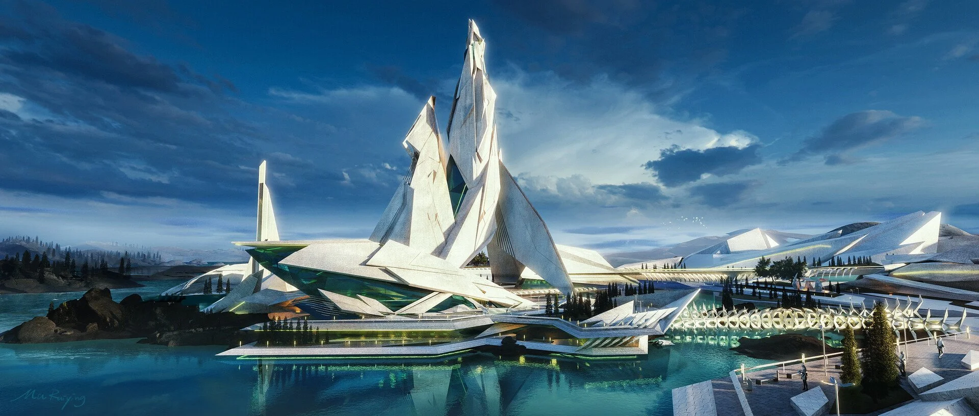 Futuristic architectural complex with sharp, angular white structures surrounded by water and landscaping, under a partly cloudy sky.