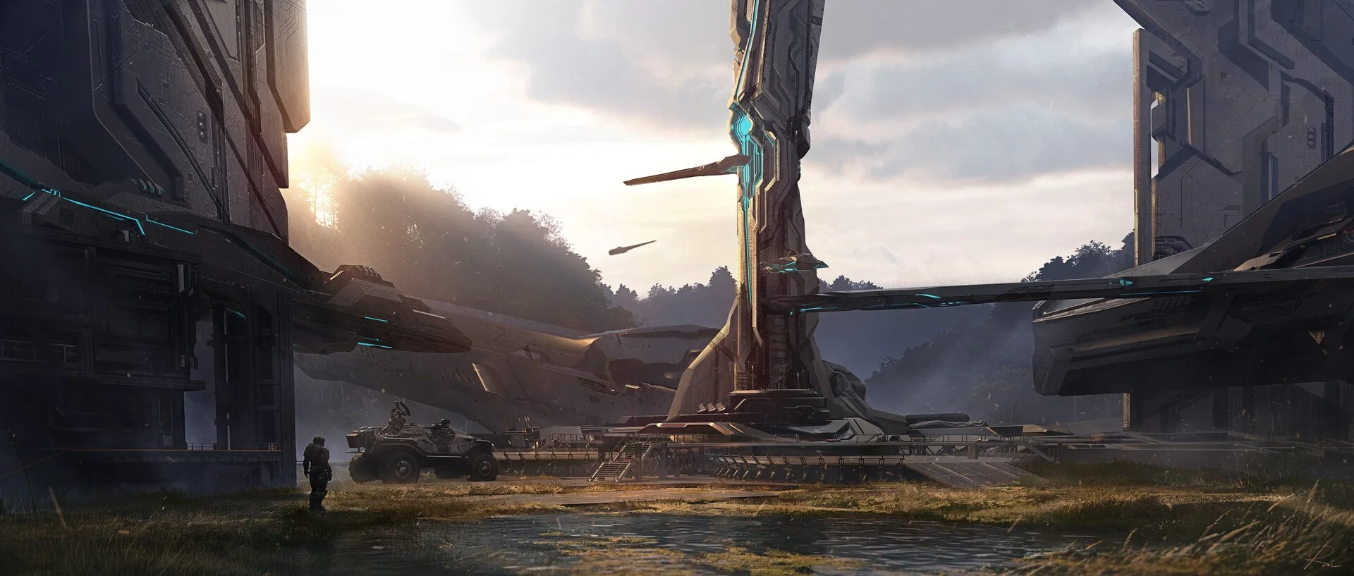Futuristic military base with large metal structures, a soldier, and a vehicle in a forested area during sunset.