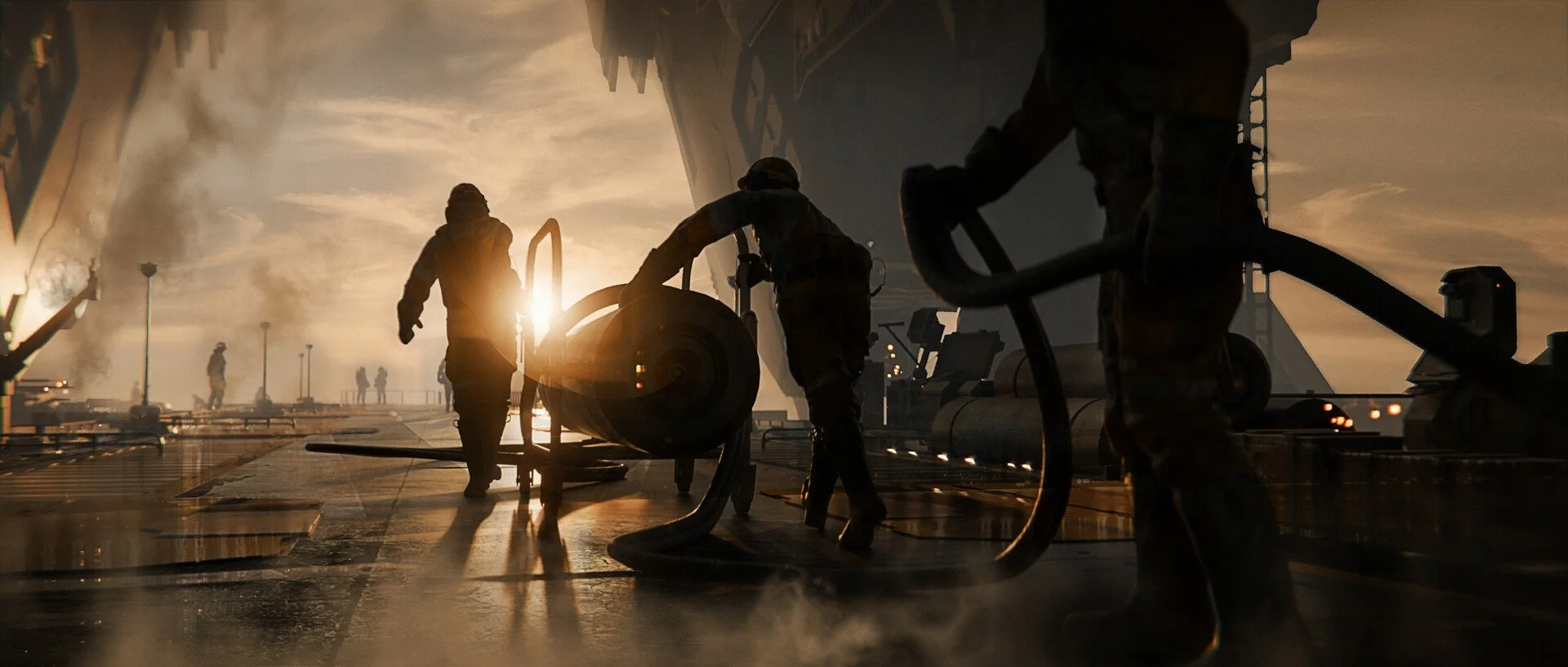 Silhouettes of astronauts handling equipment on a spaceship's deck during sunset or sunrise, with the ship's hull and a hazy sky in the background.