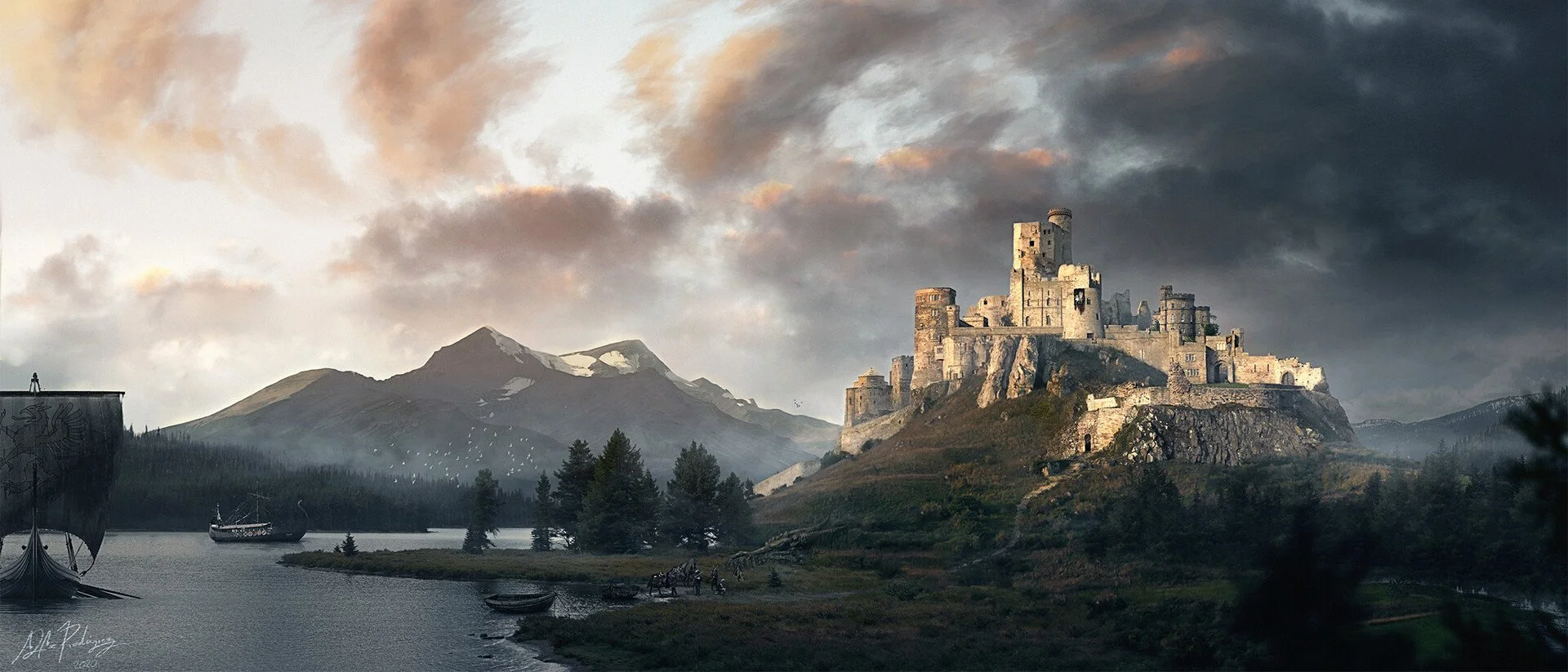 A large medieval castle on a hill overlooking a lake, with ships in the water, pine trees, and mountains in the background under a cloudy sky.