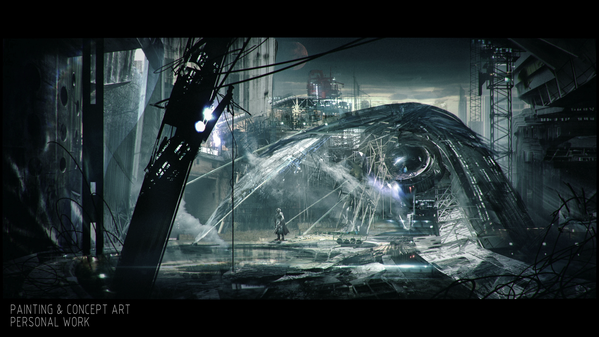 Futuristic dystopian cityscape with collapsed structures, dark sky, and a lone figure standing amidst wreckage.