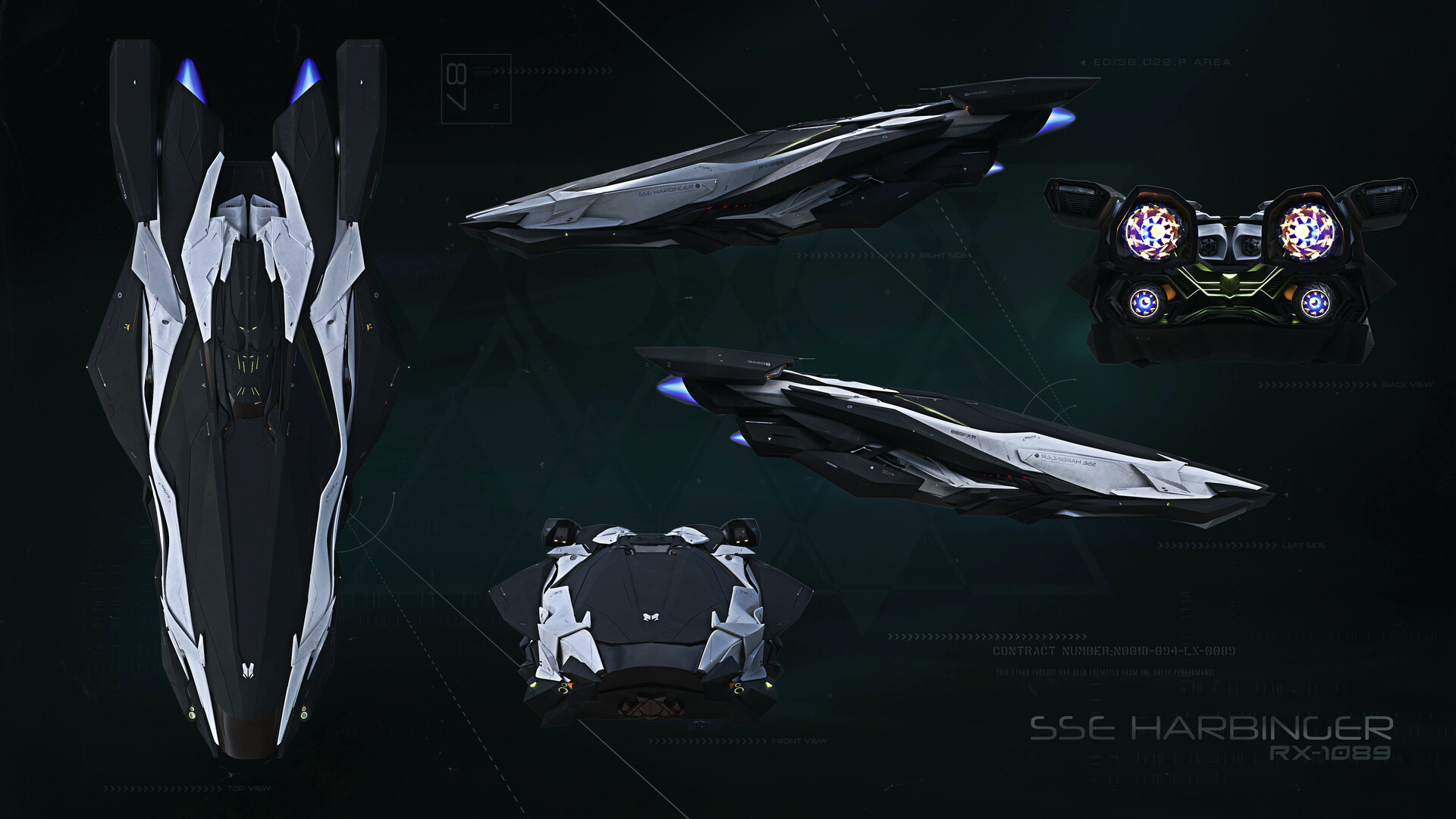 A digital rendering of a spacecraft, viewed from multiple angles, set against a space background with digital interface overlays.