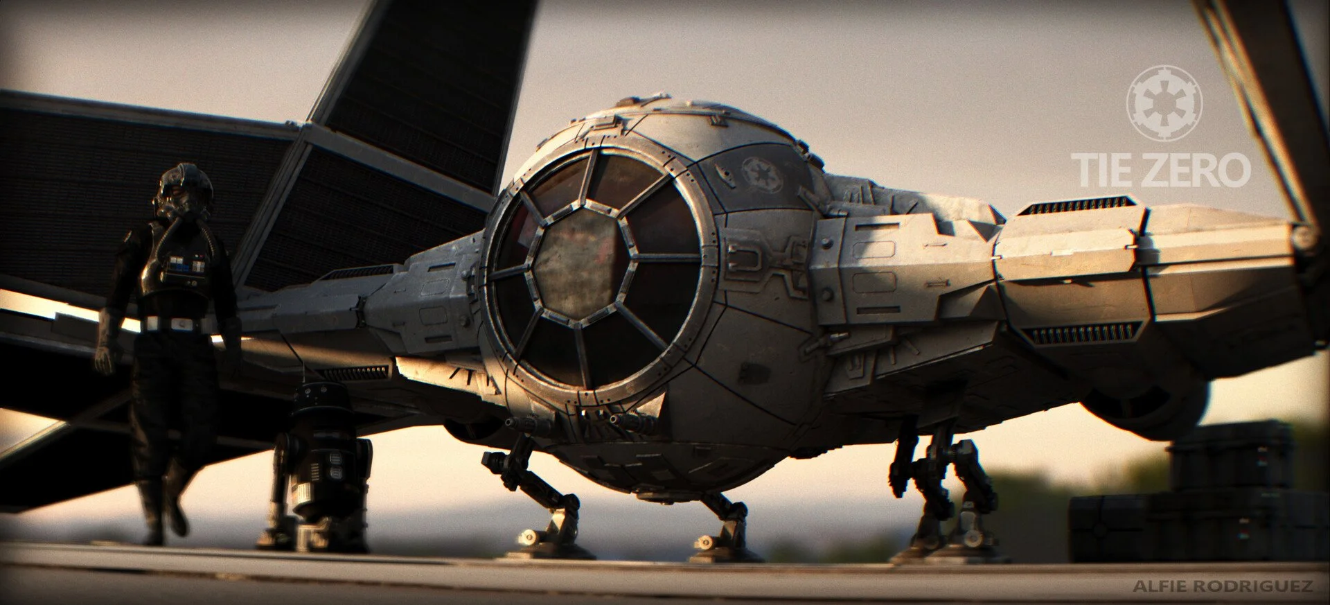 A spaceship with solar panels and the logo of the Galactic Empire from Star Wars, parked on a landing pad with a figure in a black uniform nearby.