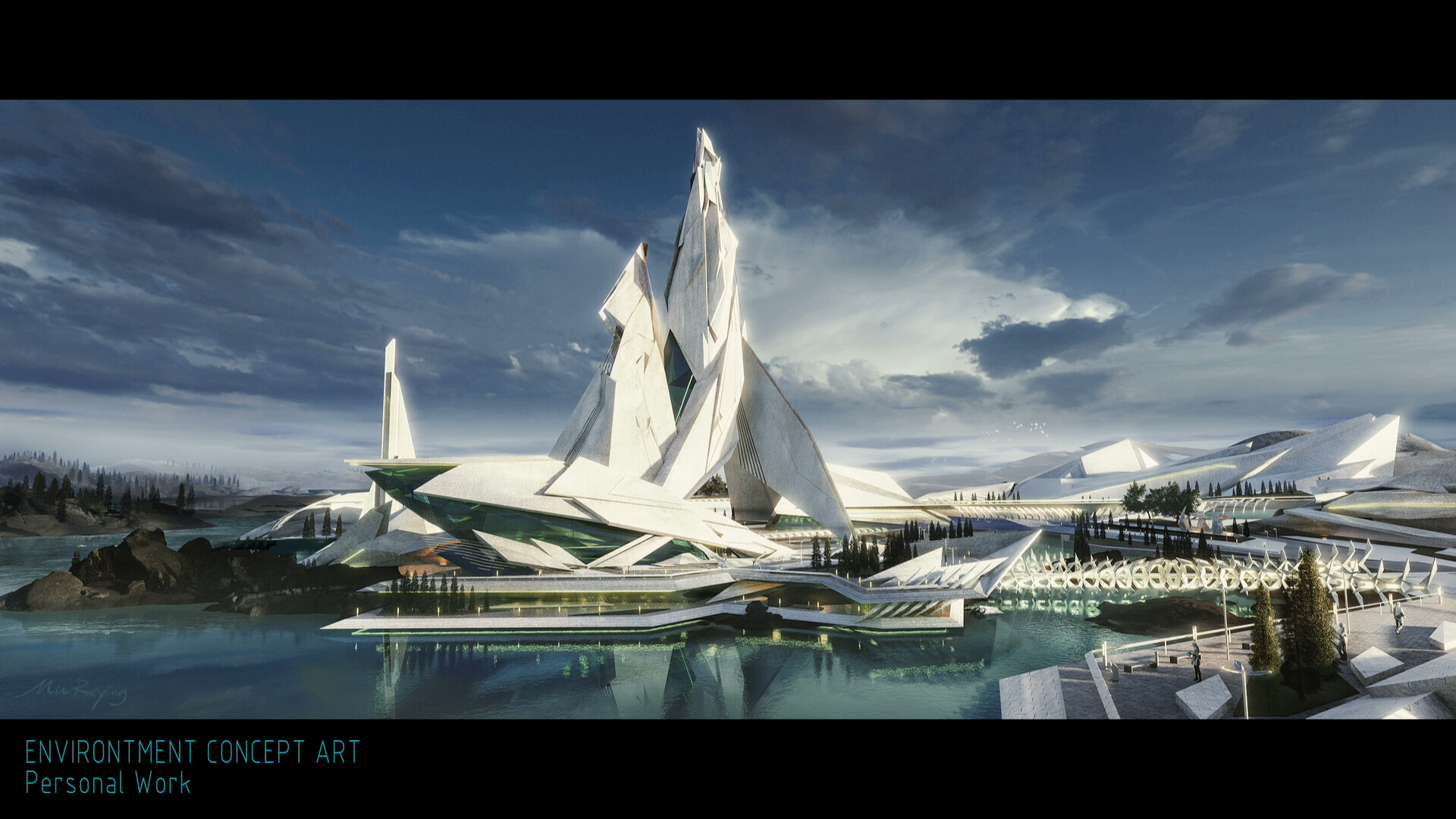 Futuristic architectural model of a building with sharp, angular white structures surrounded by water and trees, under a cloudy sky.