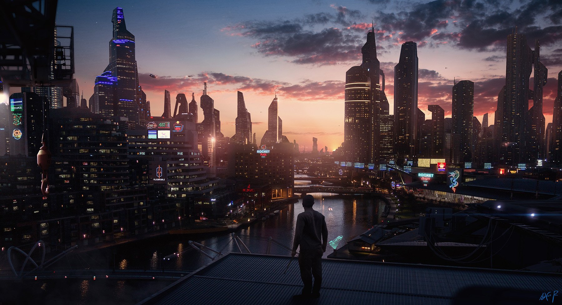 City skyline at dusk with tall skyscrapers, some illuminated with neon signs, and a river reflecting the city lights. A man stands on a rooftop looking at the view.
