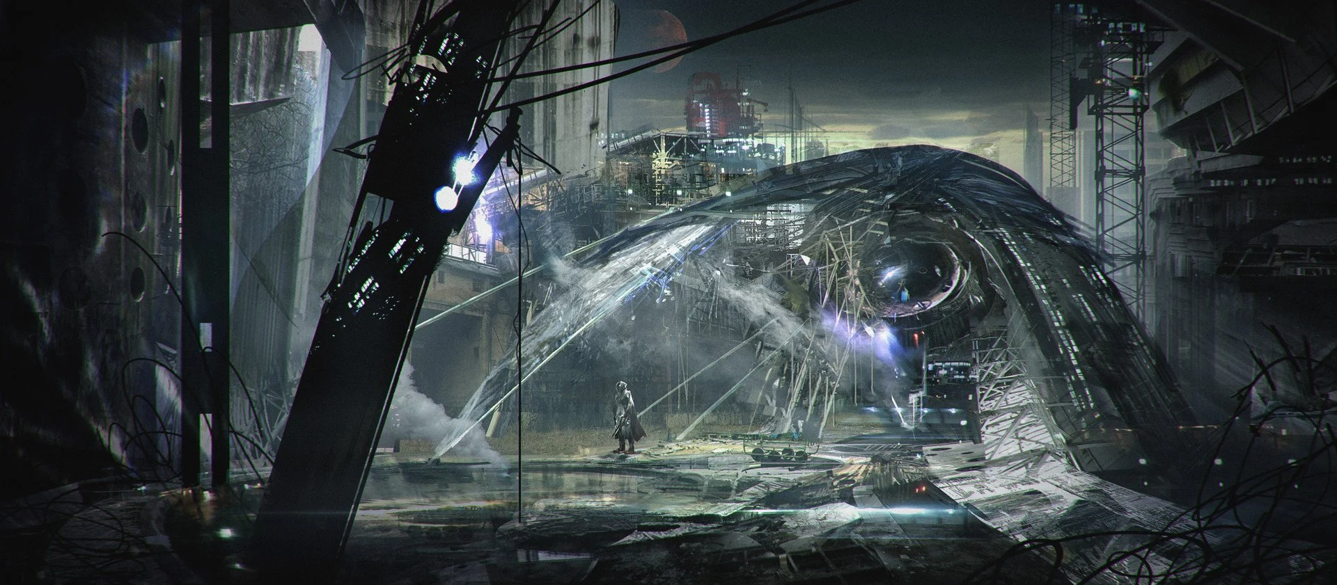 A futuristic scene of a person standing in front of a large, partially destroyed alien spaceship in a dark, industrial environment with scaffolding and ruined structures.
