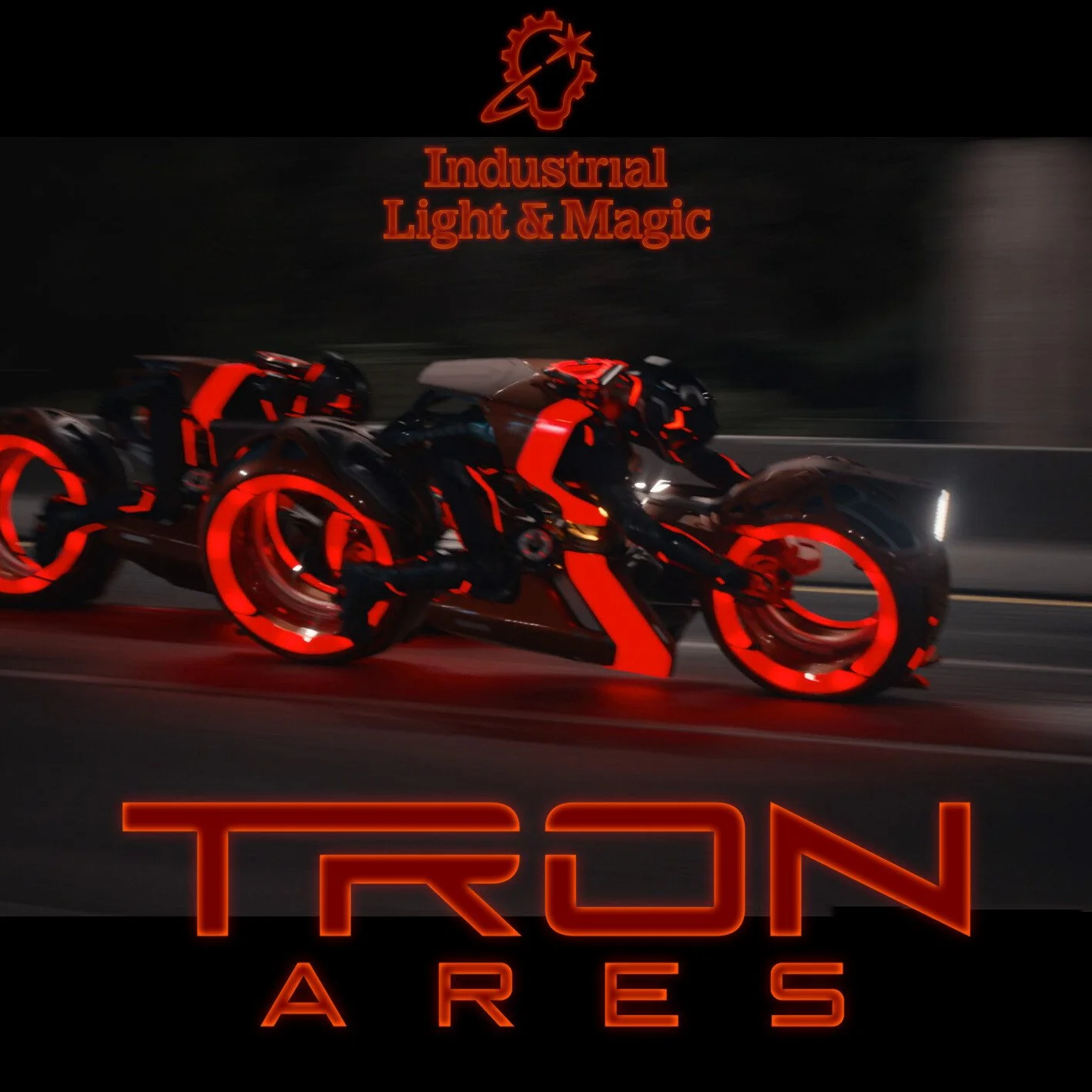 A futuristic motorcycle with glowing red accents on a road at night, with the text 'Industrial Light & Magic' above it and 'TRON Archives' at the bottom.
