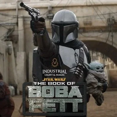 Star Wars character holding a weapon with Baby Yoda in a bag, promotional poster for 'The Book of Boba Fett' with a cityscape background.
