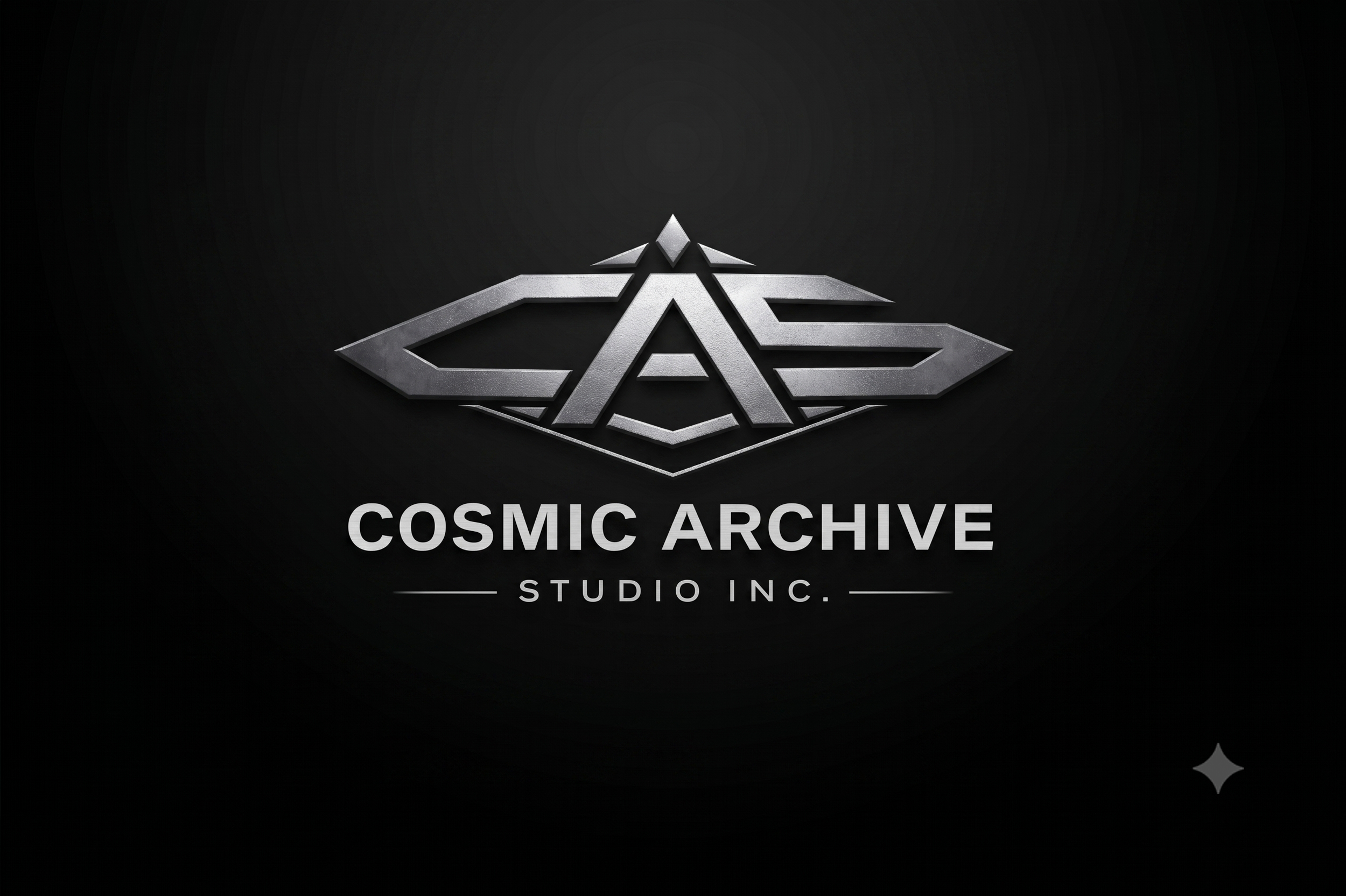 A metallic logo with sharp geometric shapes forming a star and arrowhead design, with the text 'Cosmic Archive Studio Inc.' below it on a black background.