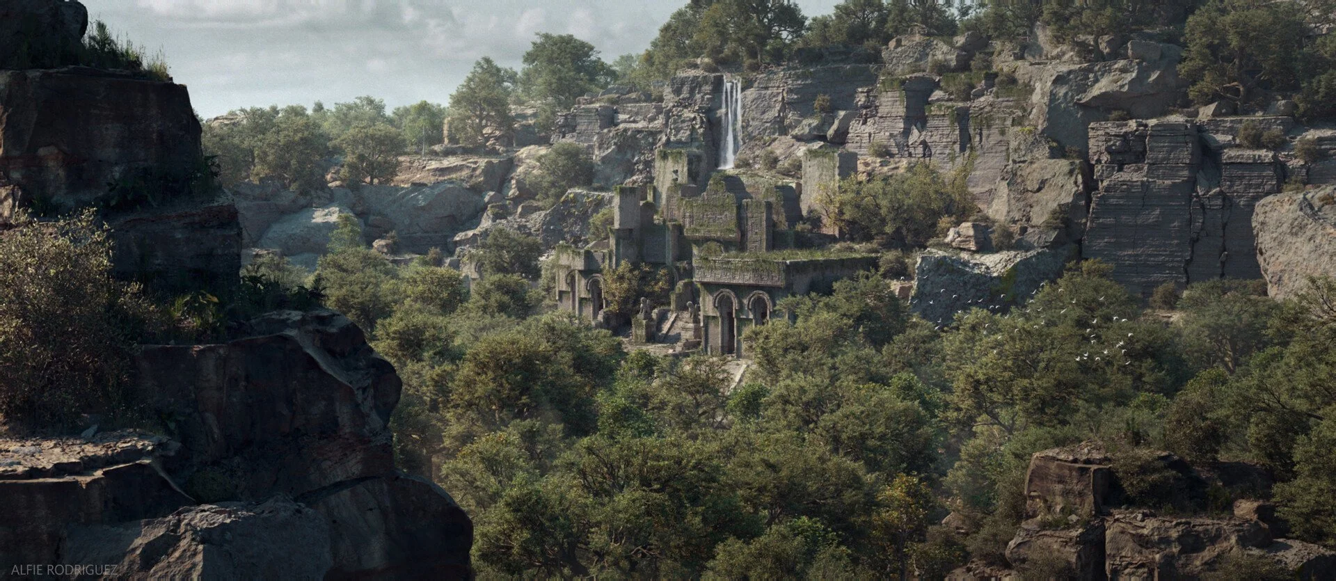 Ancient stone ruins built into a mountain with cliffs and a waterfall in the background, surrounded by trees and foliage.