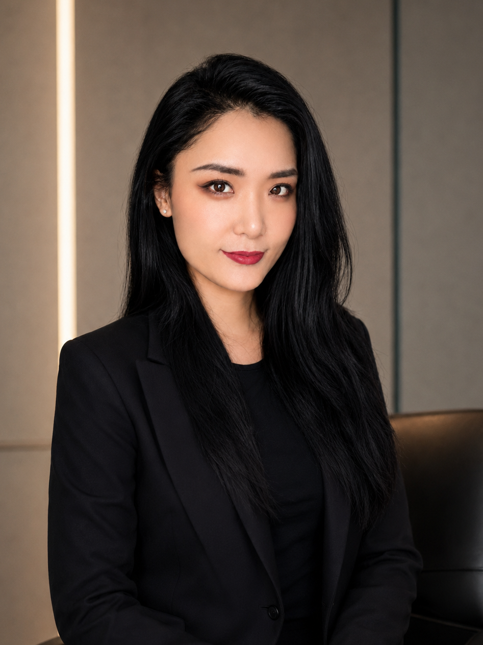 A professional woman with long black hair, wearing a black blazer, sitting in an office setting.