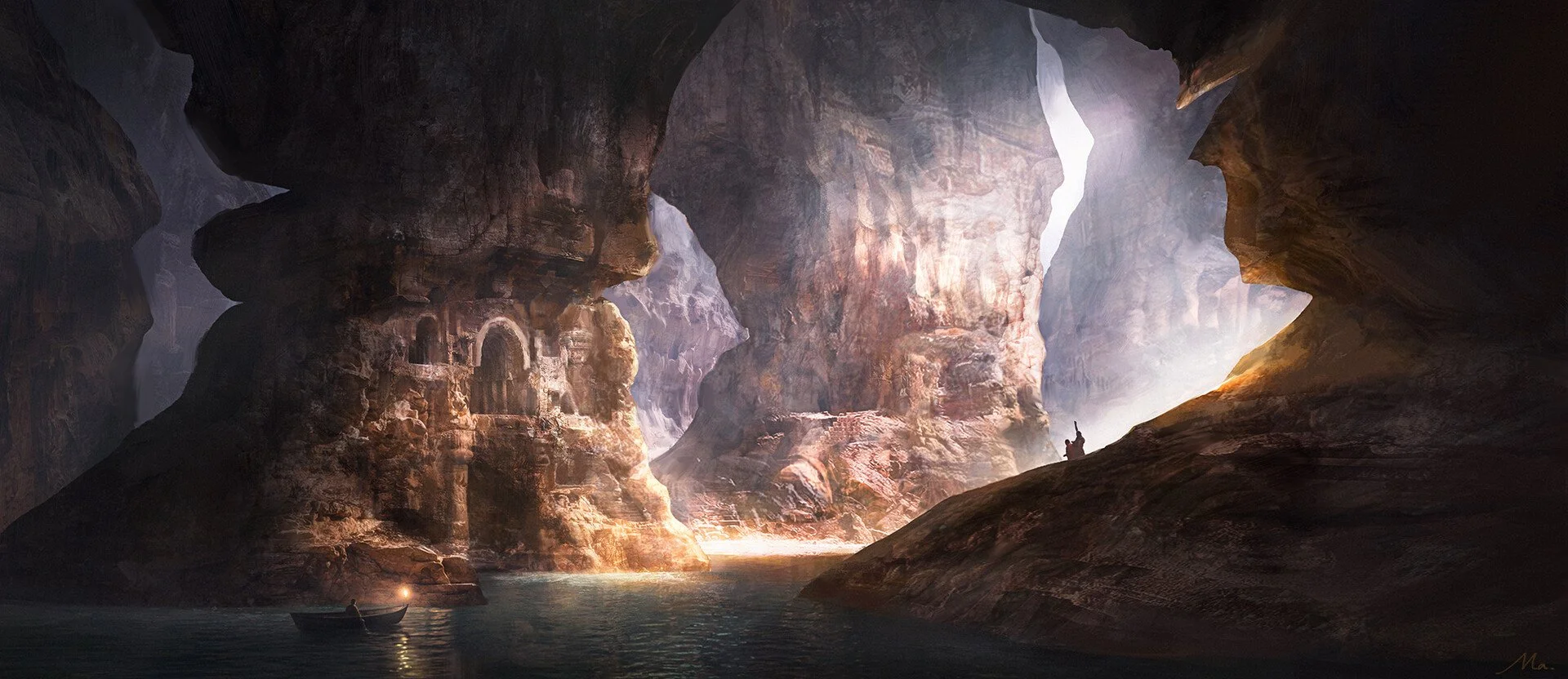 A large cave with towering rock formations and an opening letting in bright sunlight. There is water at the bottom, with a small boat and a person sitting inside it, and another person standing on the rocks holding a stick.