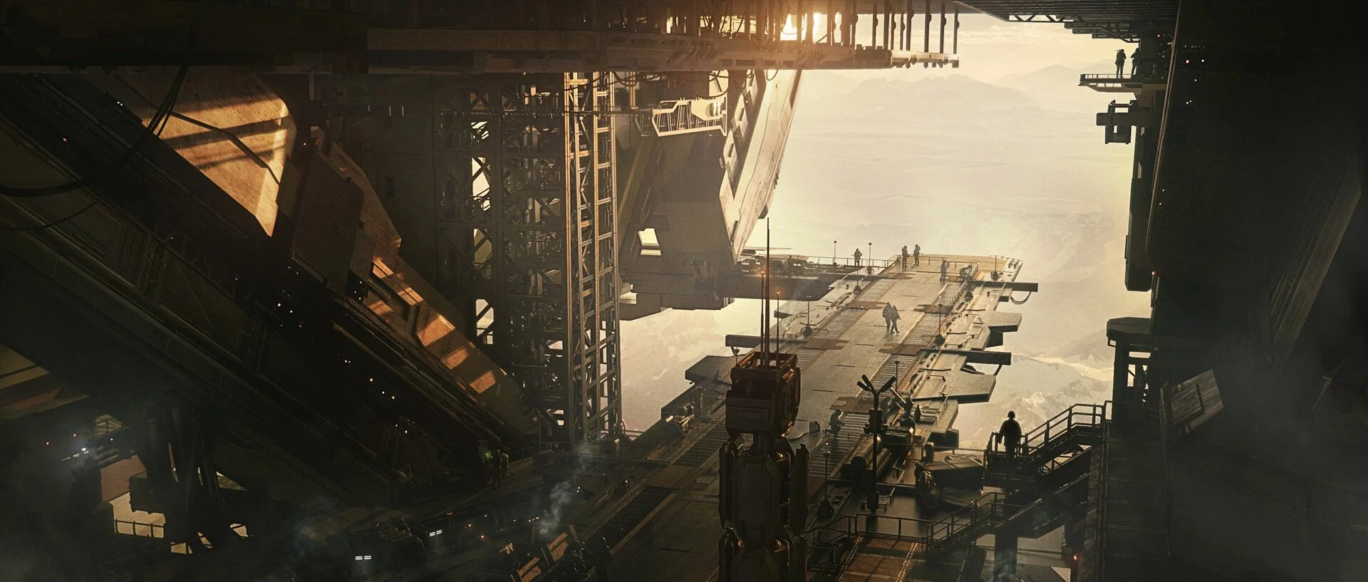 A futuristic cityscape with towering structures and a platform with people walking, set against a background of mountains and a hazy sky, illuminated by warm sunlight.