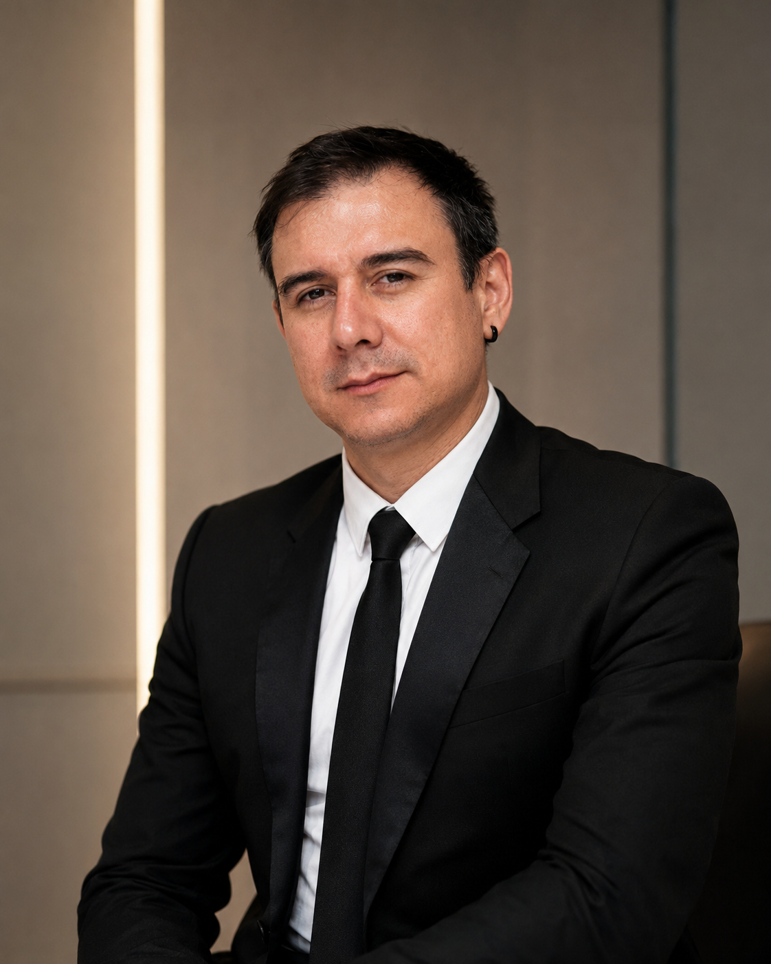 A man in a black suit, white shirt, and black tie posing for a professional portrait.