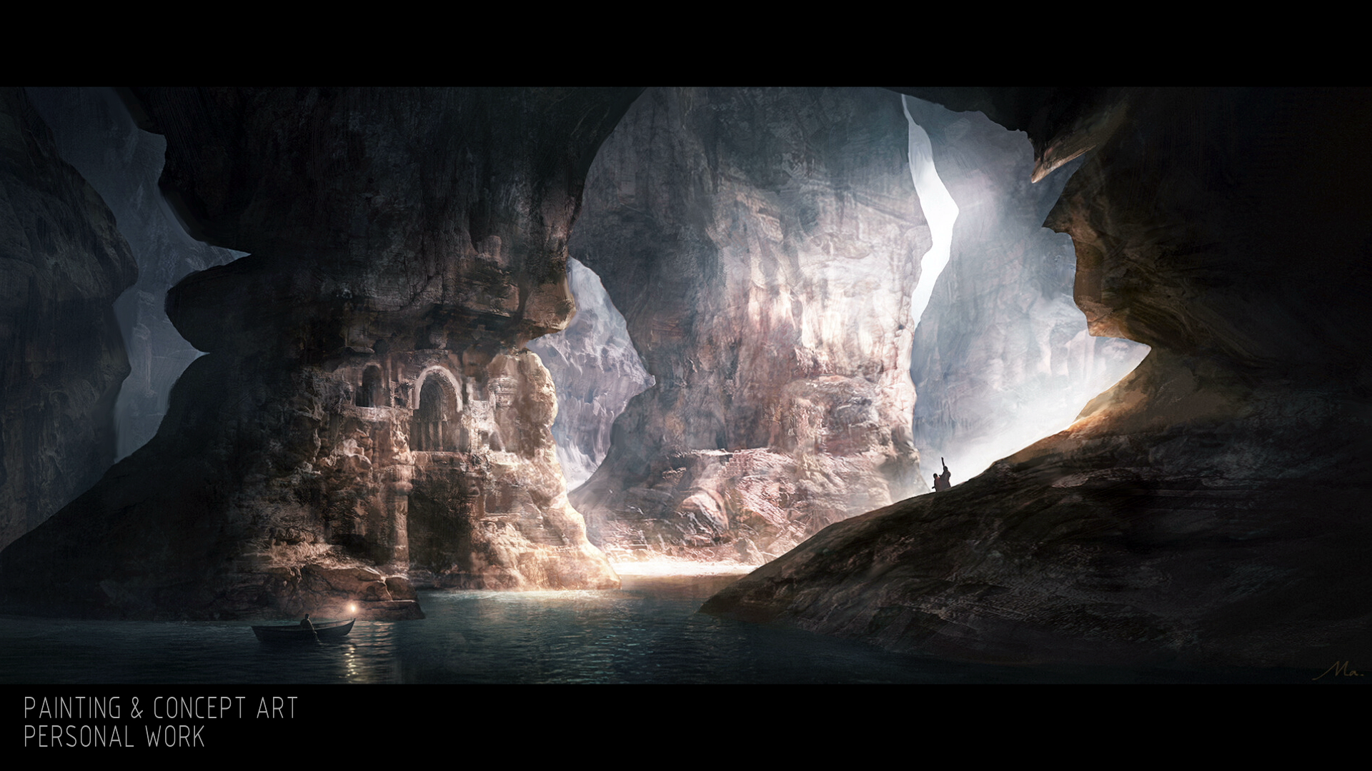 Digital painting of a vast, illuminated cavern with towering rock formations, a lake with boats, and two small figures exploring the area.