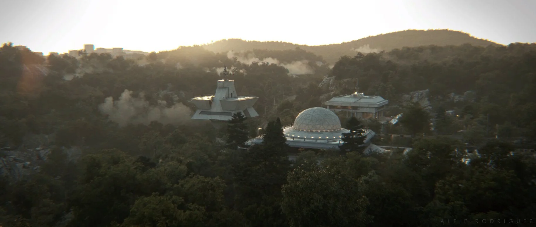 A view of the Griffith Observatory in Los Angeles, California, with hills and trees in the background and steam rising from the buildings during sunset.