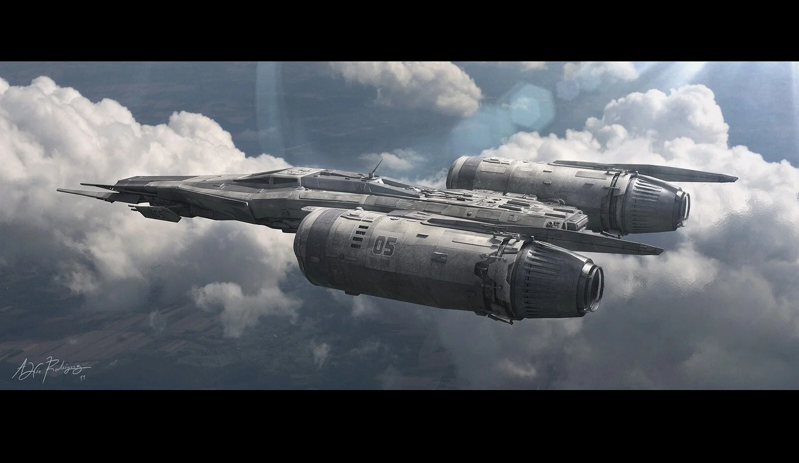 A futuristic spaceship flying through clouds in space.