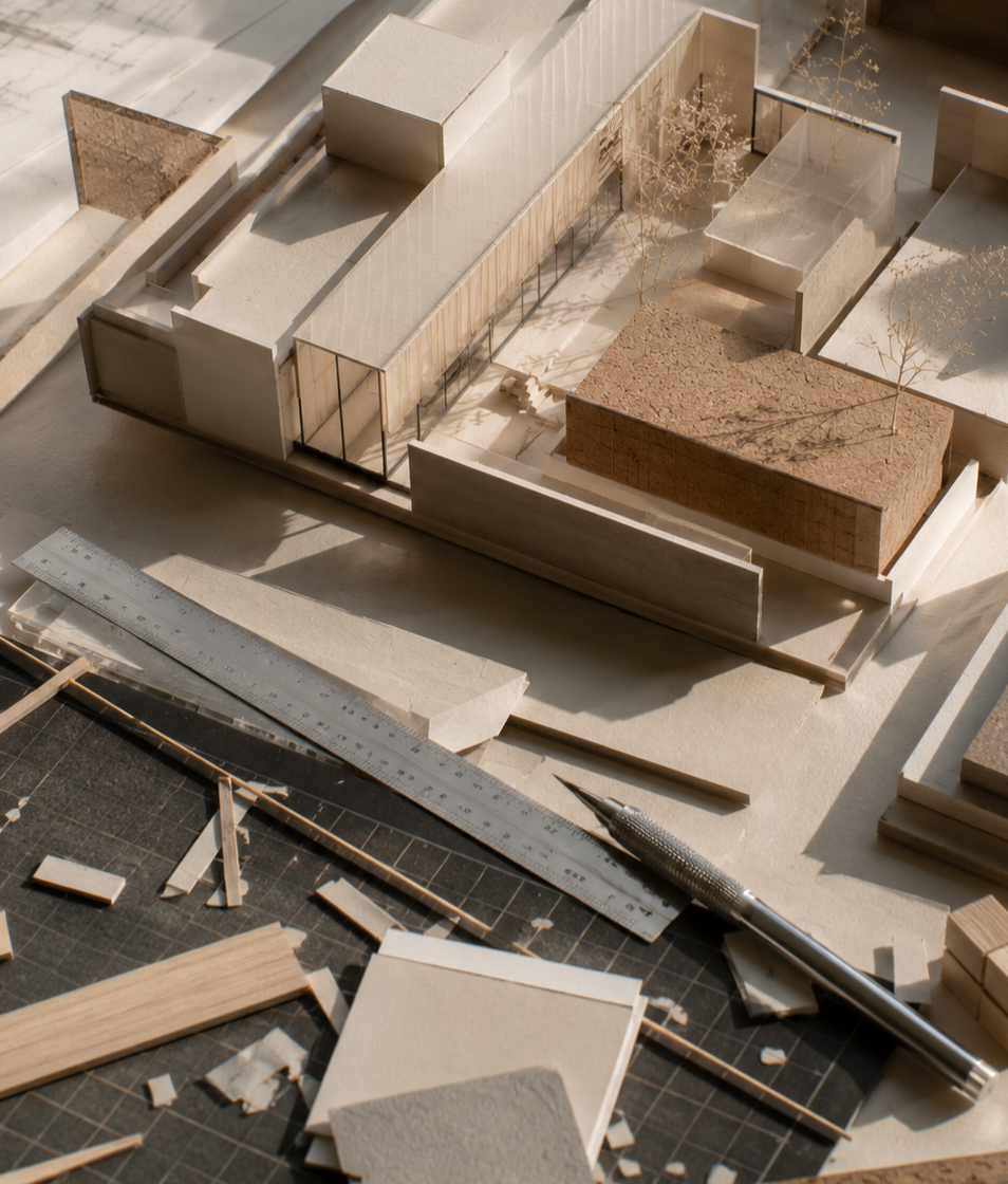 Architectural model of a building surrounded by tools and materials, including a ruler, cutting knife, and small wood and paper pieces, with trees and shadows indicating sunlight.