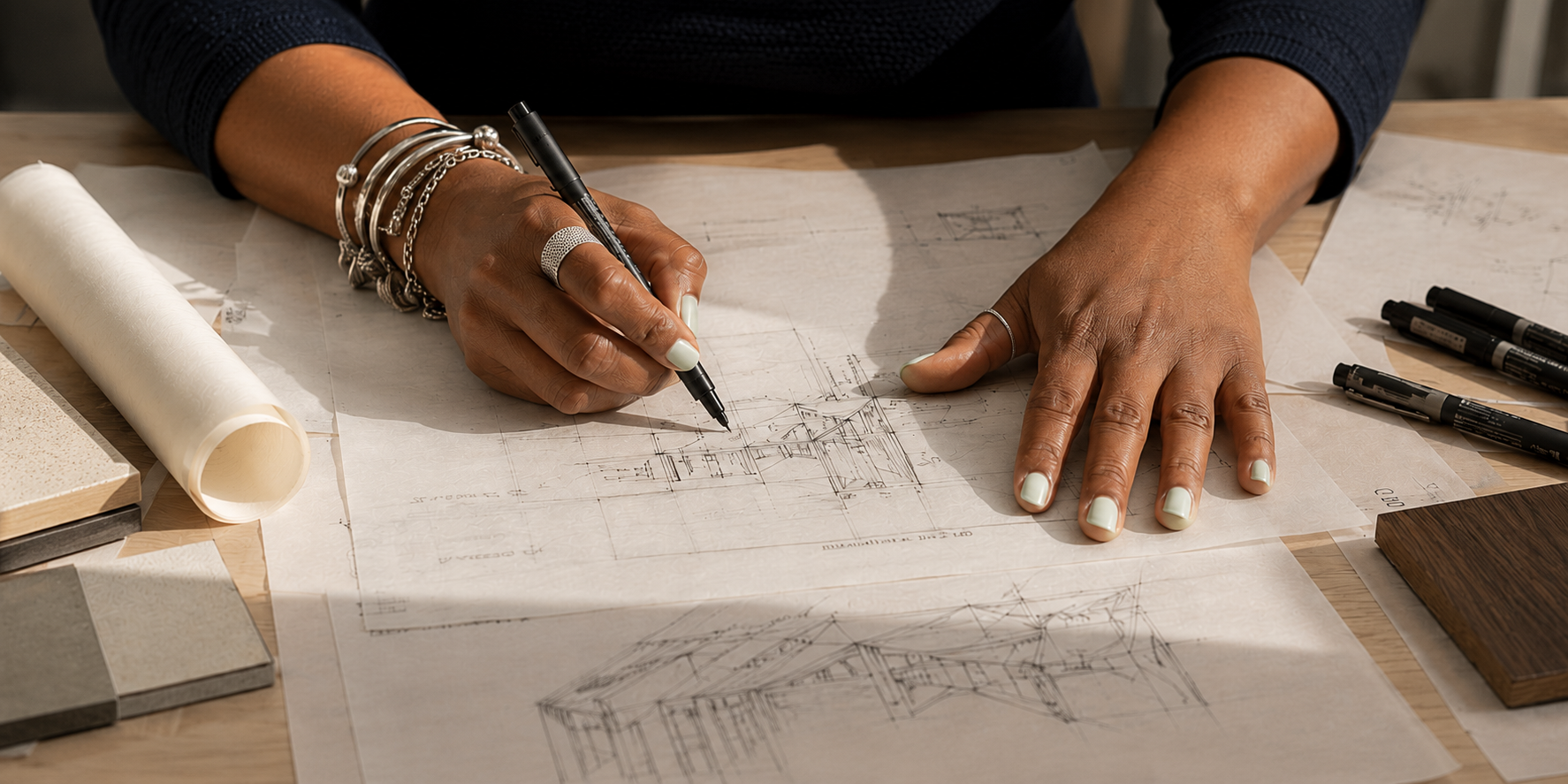 A person drawing architectural plans on translucent tracing paper surrounded by design materials, pens, and sample swatches.