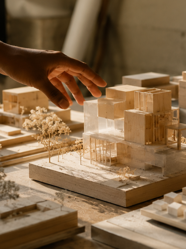 A person's hand adjusting a scale model of a modern architectural building with wooden blocks and miniature trees on a table.
