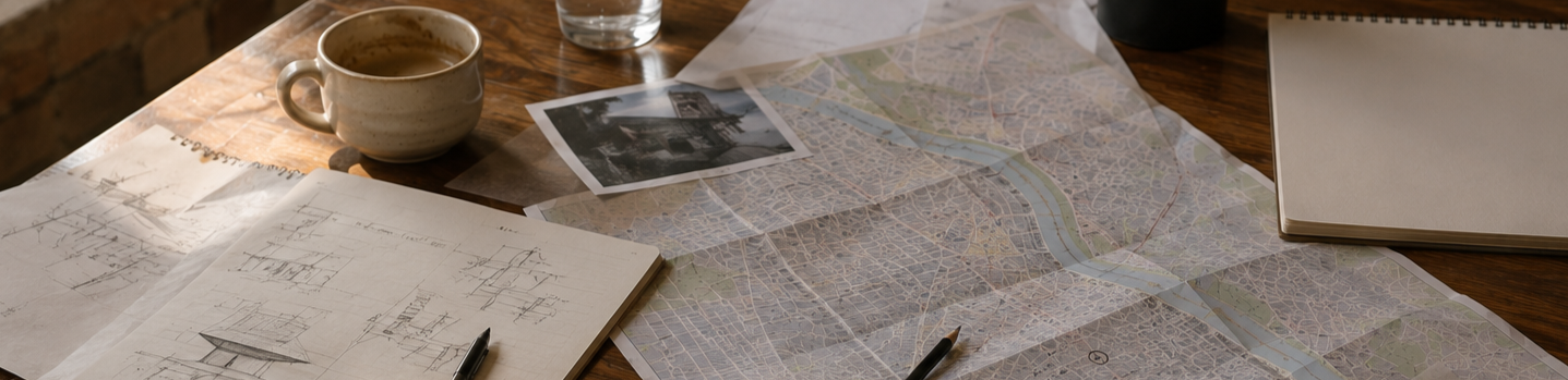 A desk with a map, a coffee cup, a notebook, photographs, a pen, and sketchbooks.