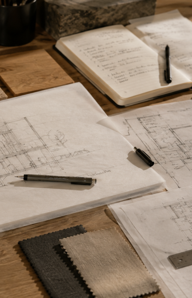 Architectural sketches, notes, pens, fabric swatches, and sample wood on a wooden desk.