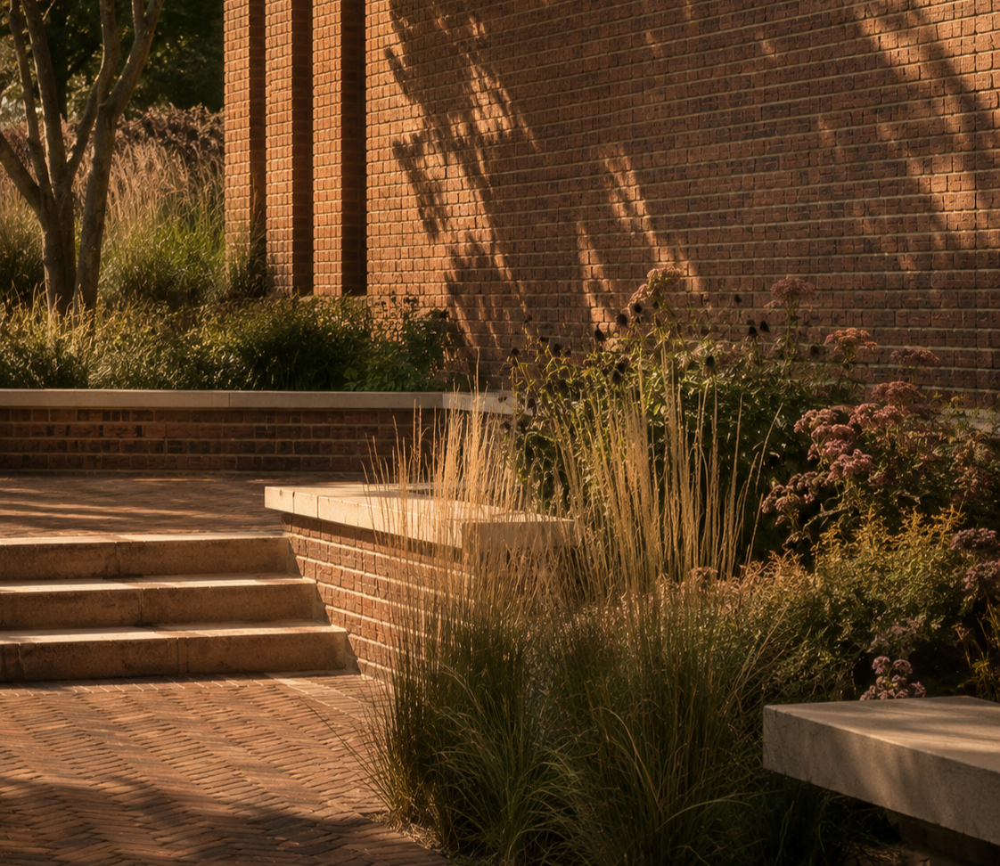Sunlit brick steps and brick wall with garden plants and shrubs, casting shadows during late afternoon.
