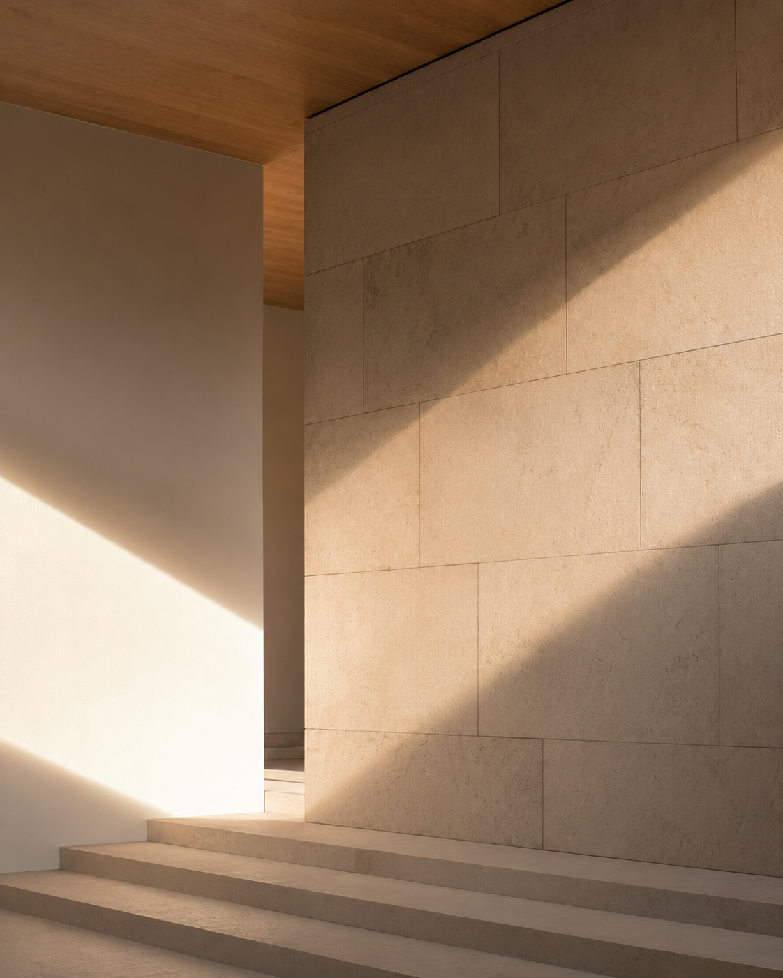 Modern interior space with beige stone walls, concrete steps, and a wooden ceiling, with sunlight casting shadows.