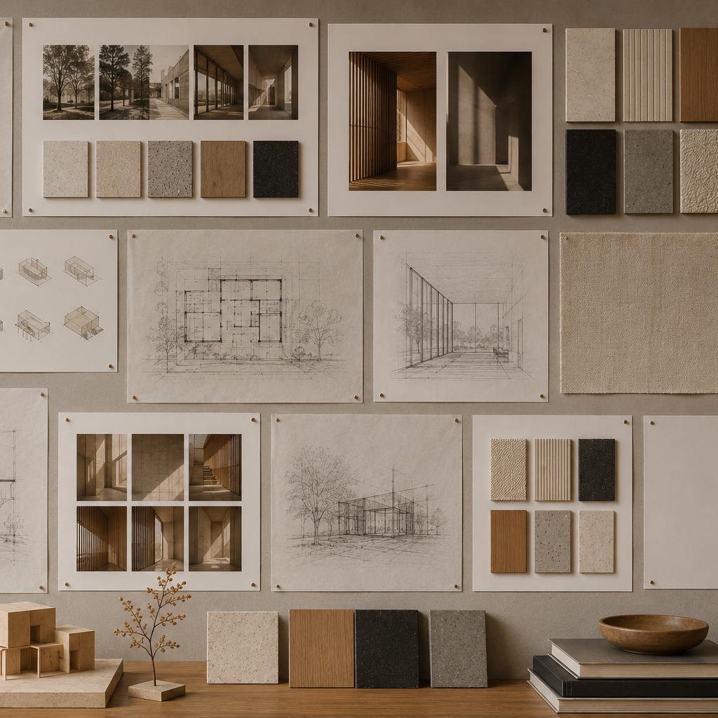 A wall display of architectural design sketches, interior photos, and material samples, including wood, stone, and concrete textures.